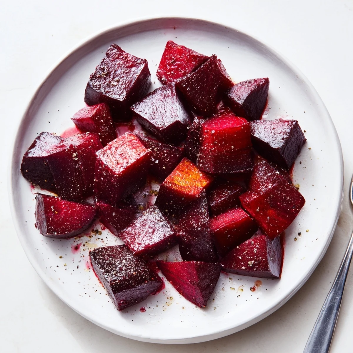 Golden roasted beet cubes with a caramelized edge glisten on a baking sheet, featuring the Easy Roasted Beets recipe as a healthy vegan side dish.