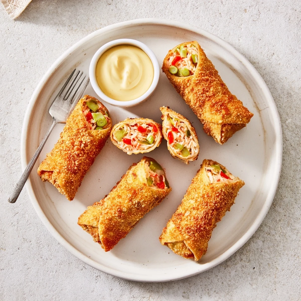 Crispy fried Crab Cake Egg Rolls with golden brown wrappers, served with a creamy dipping sauce for an appetizer.