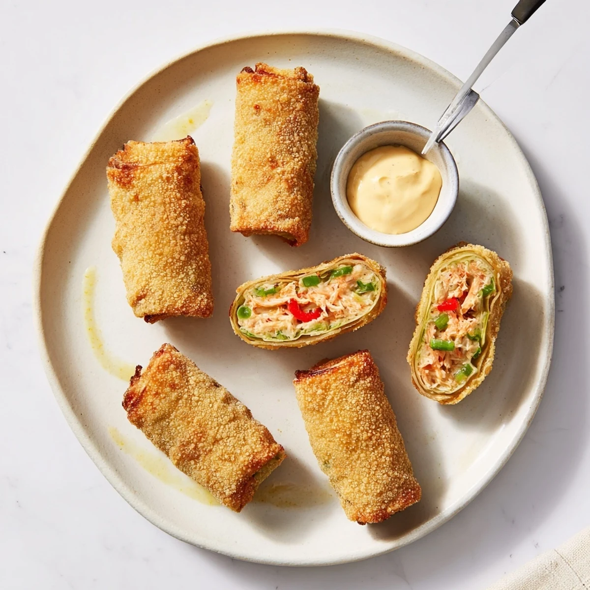 Golden brown Crab Cake Egg Rolls stacked on a white plate, revealing flaky textures and succulent crabmeat filling.