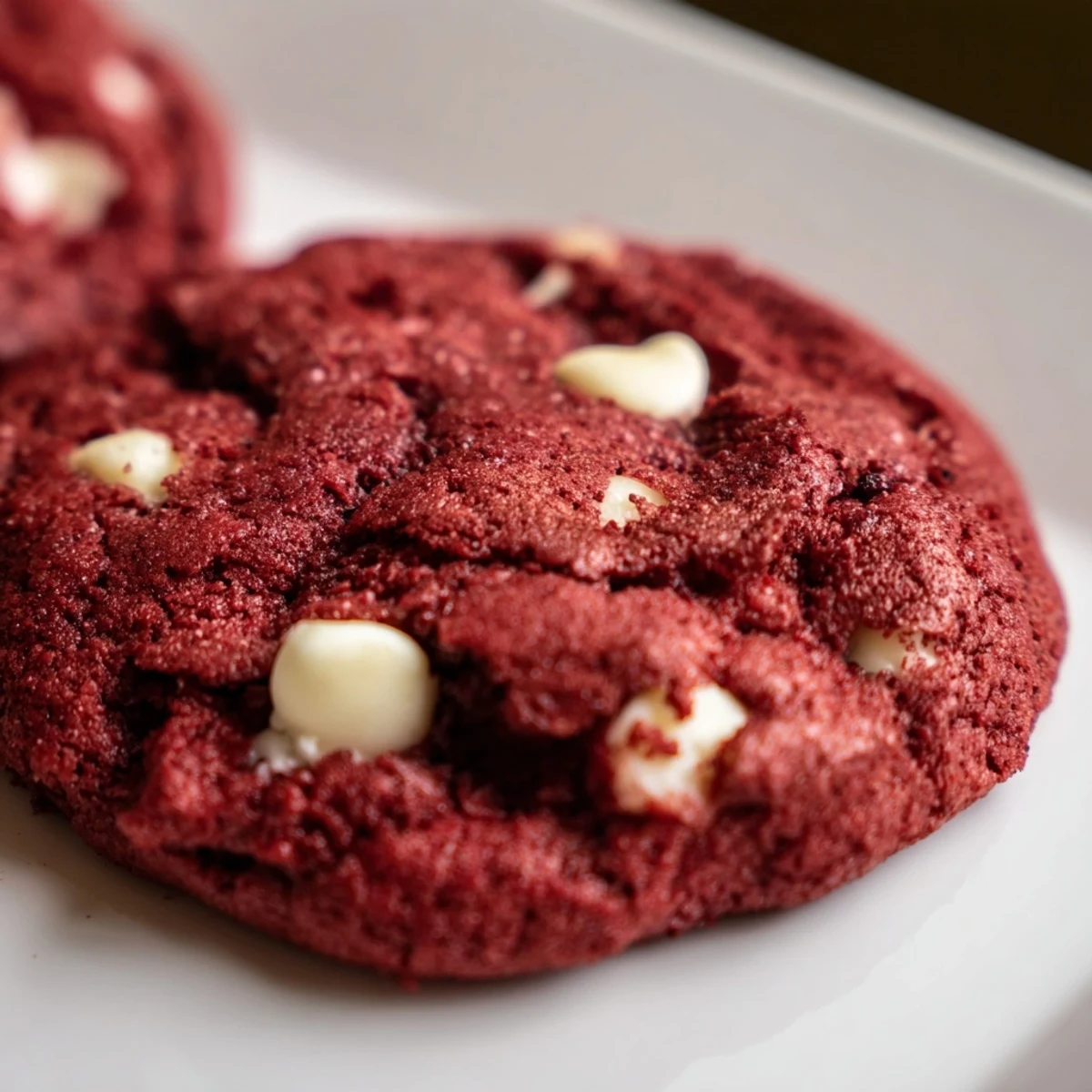 A close-up of fresh-baked Red Velvet Cookies with creamy white chocolate chips on a cooling rack.  