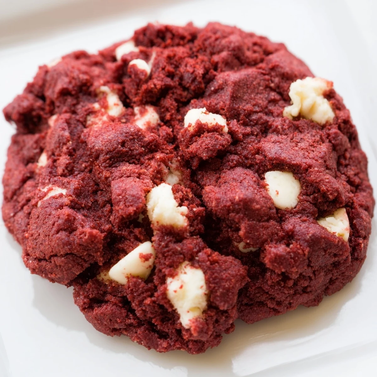 Red Velvet Cookies display their vibrant red color and melty white chocolate chips on a baking sheet.