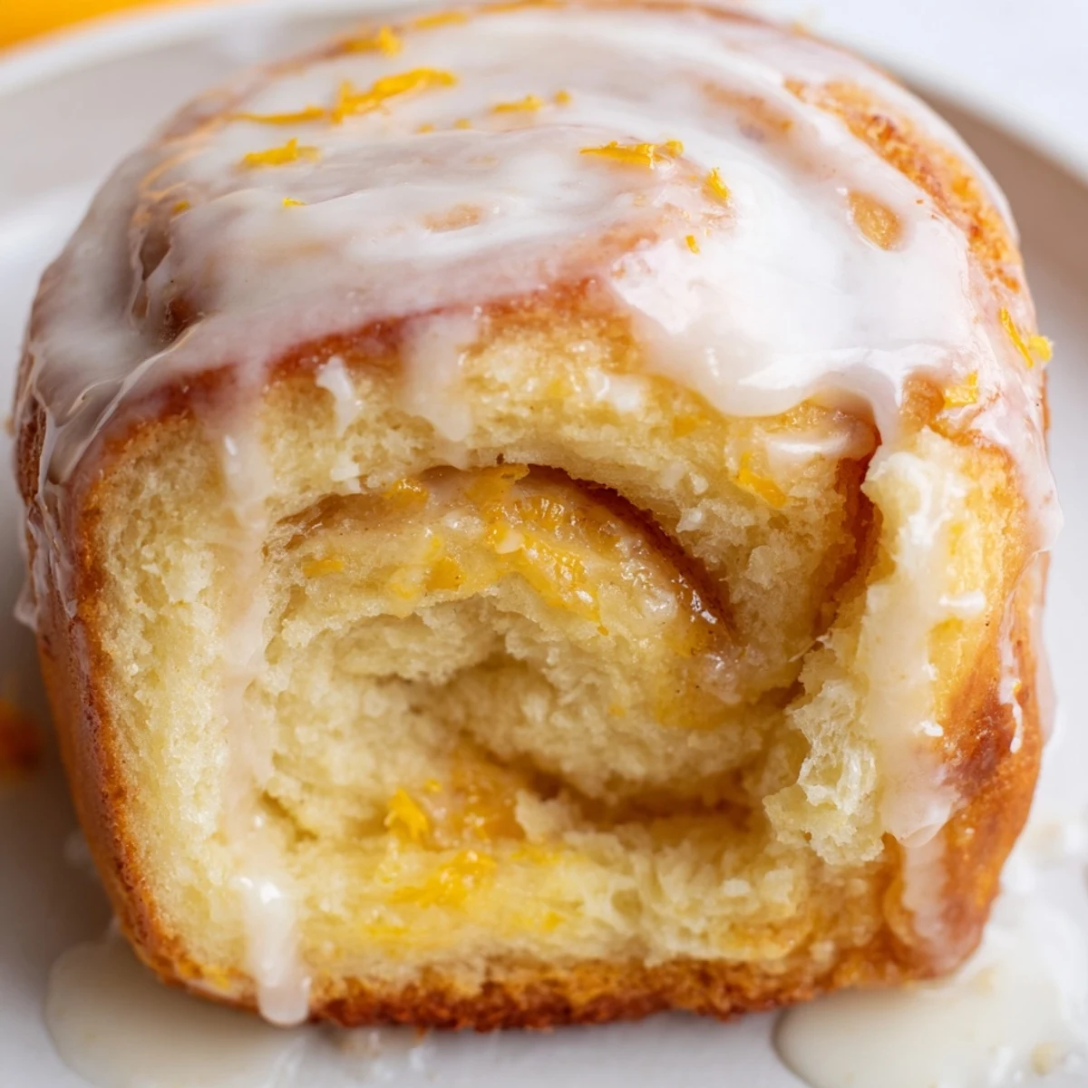 Homemade Glazed Orange Rolls with swirls of buttery orange zest filling, glistening with a sweet citrus glaze on top.