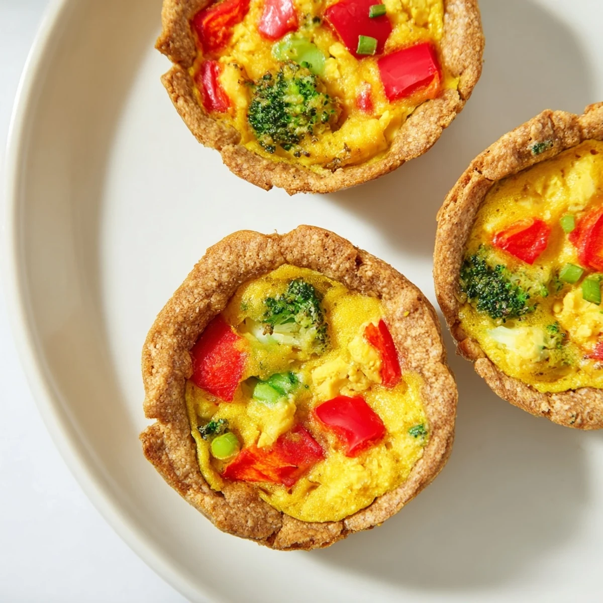 Golden-brown, crispy vegan mini quiches packed with spinach and red bell peppers rest on a cooling rack.