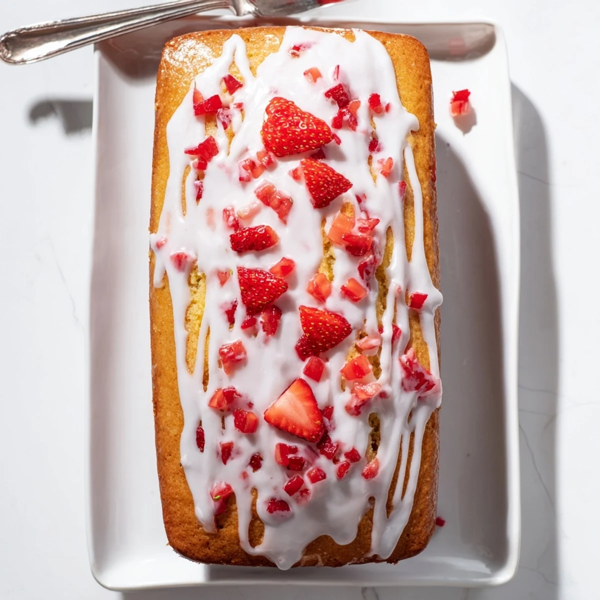This moist Moist Strawberry Milkshake Pound Cake is topped with fresh strawberry pieces on a rustic wooden board.