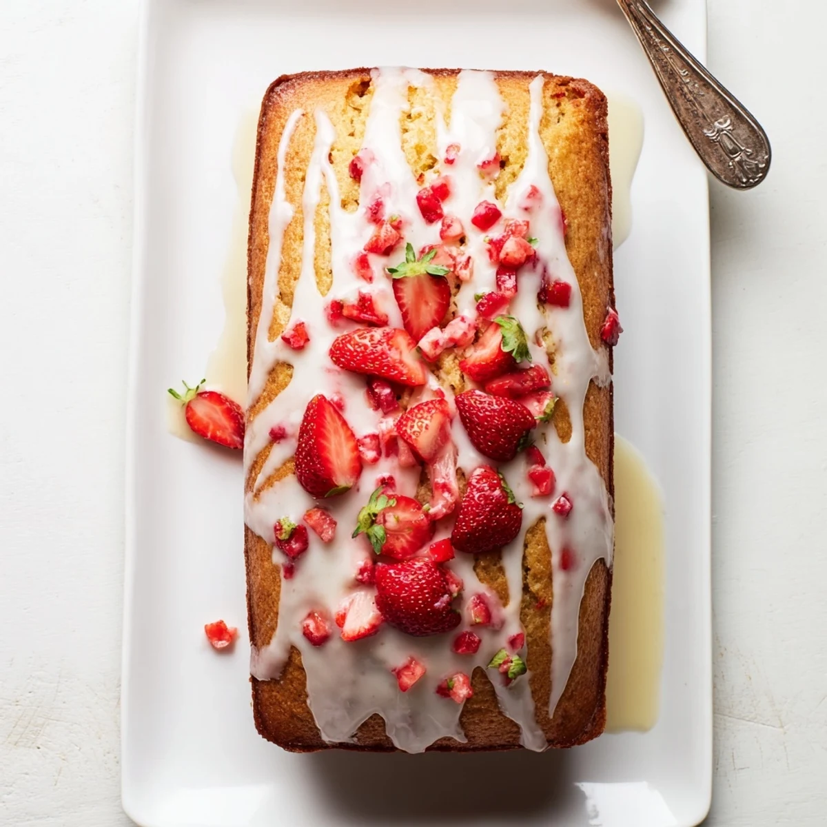 A freshly baked Moist Strawberry Milkshake Pound Cake with a glossy pink glaze, ready to slice and serve.