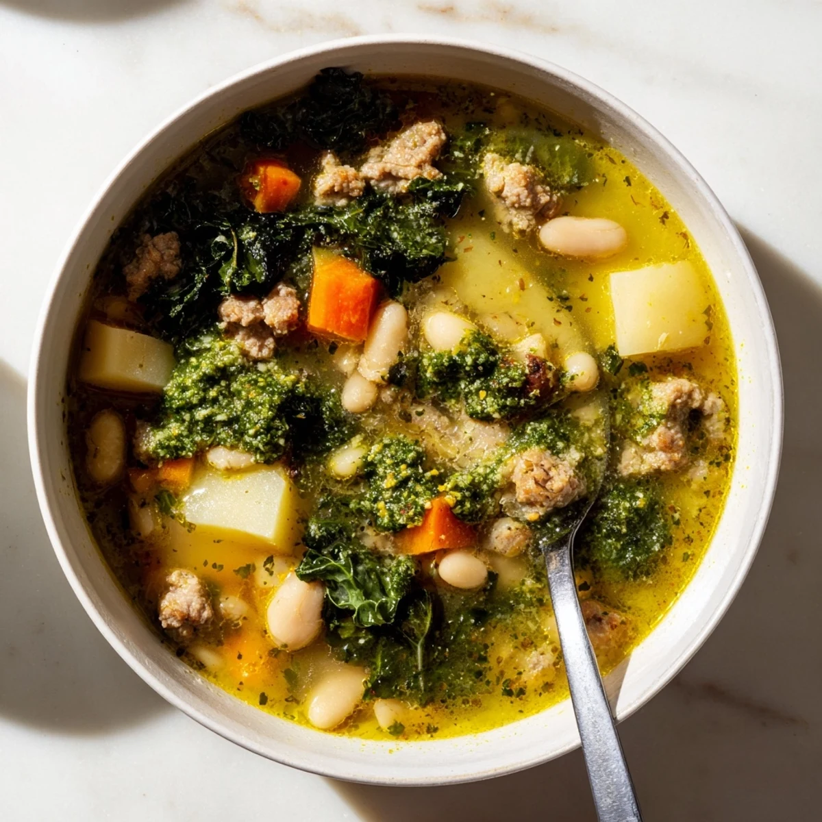 A close-up of Zuppa Toscana with Basil Pesto Lemon Broth showcasing sausage, potatoes, kale, and creamy white beans.