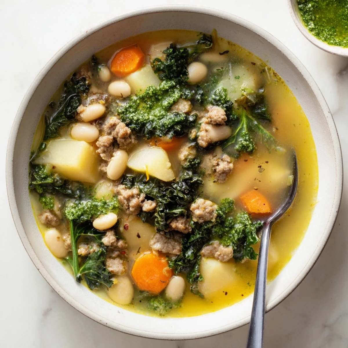 Steamy Zuppa Toscana with Basil Pesto Lemon Broth served in a rustic ceramic bowl next to crusty bread.