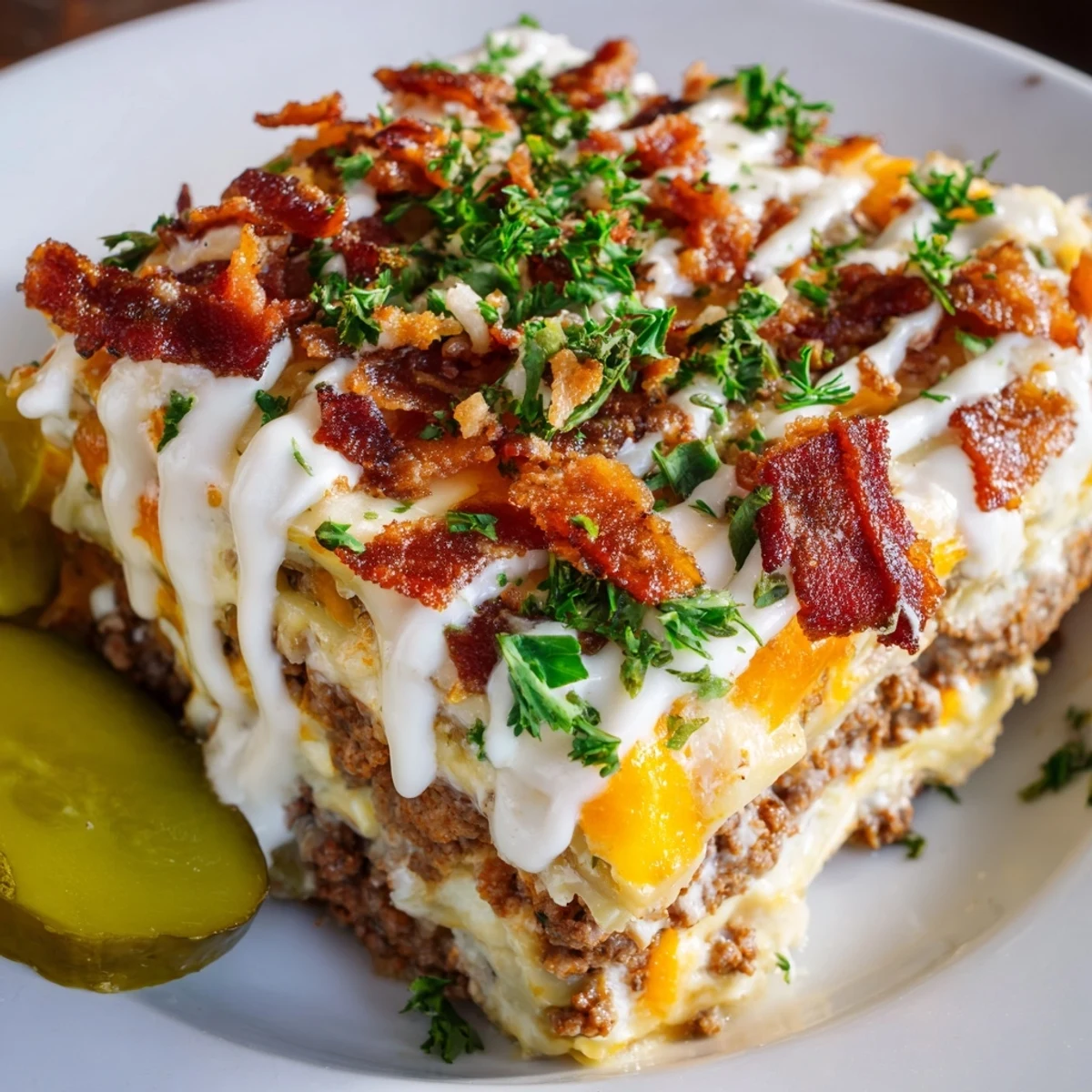 A slice of Lasagna Meets Cheeseburger Parmesan Garlic Bacon Style reveals melted cheeses and crumbled bacon over a rich red sauce.