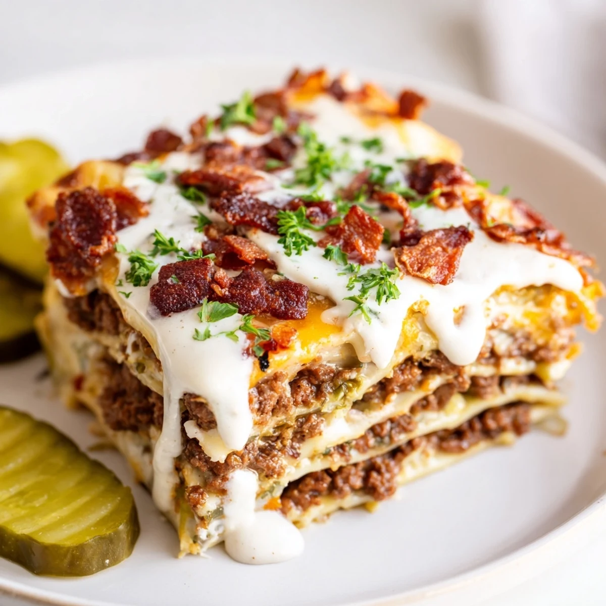 Hearty Lasagna Meets Cheeseburger Parmesan Garlic Bacon Style served on a white plate beside a crisp green salad.