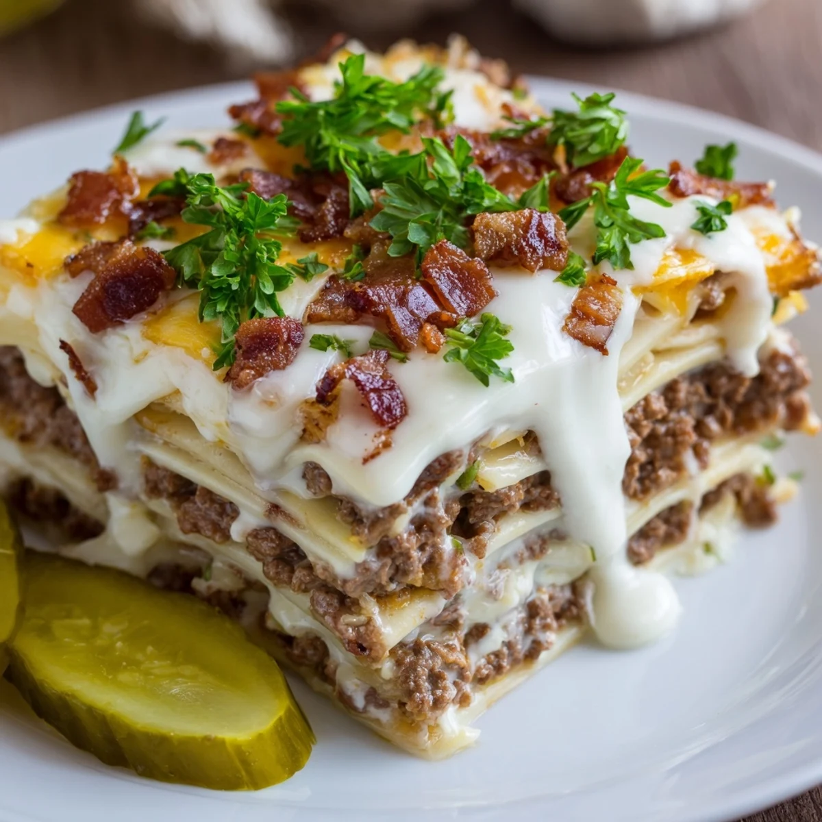 Golden Lasagna Meets Cheeseburger Parmesan Garlic Bacon Style bubbling in a baking dish with melted mozzarella and cheddar topping.