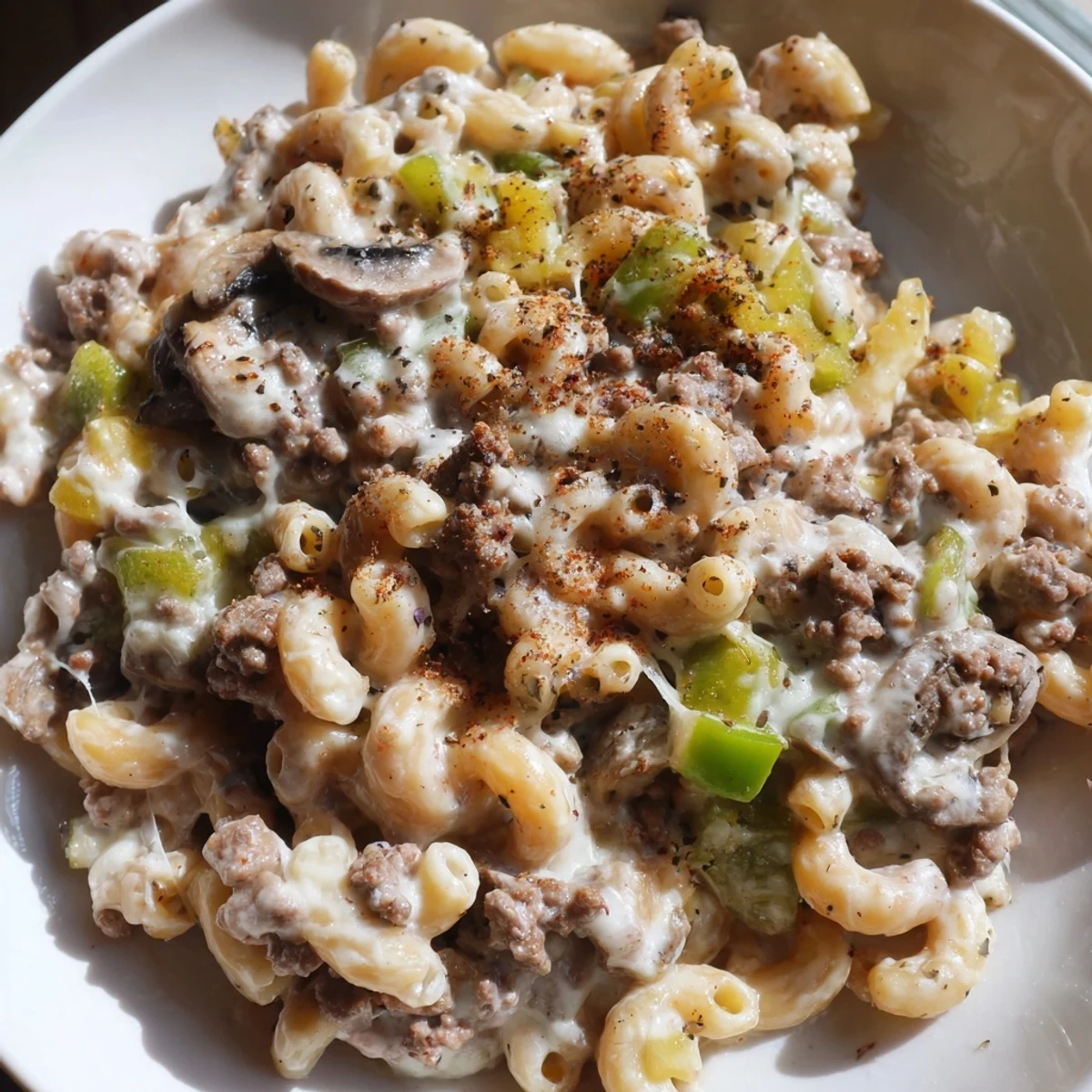This Easy High Protein Philly Cheesesteak Mac shows melted provolone over tender noodles with sautéed onions, peppers, and mushrooms.
