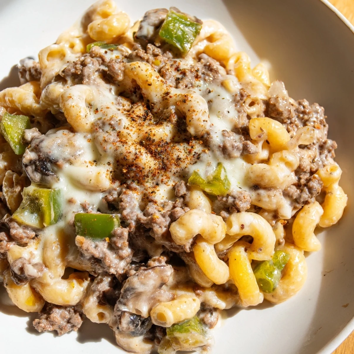 Enjoy a close-up of Easy High Protein Philly Cheesesteak Mac, garnished with fresh parsley and ready to serve hot from the skillet.