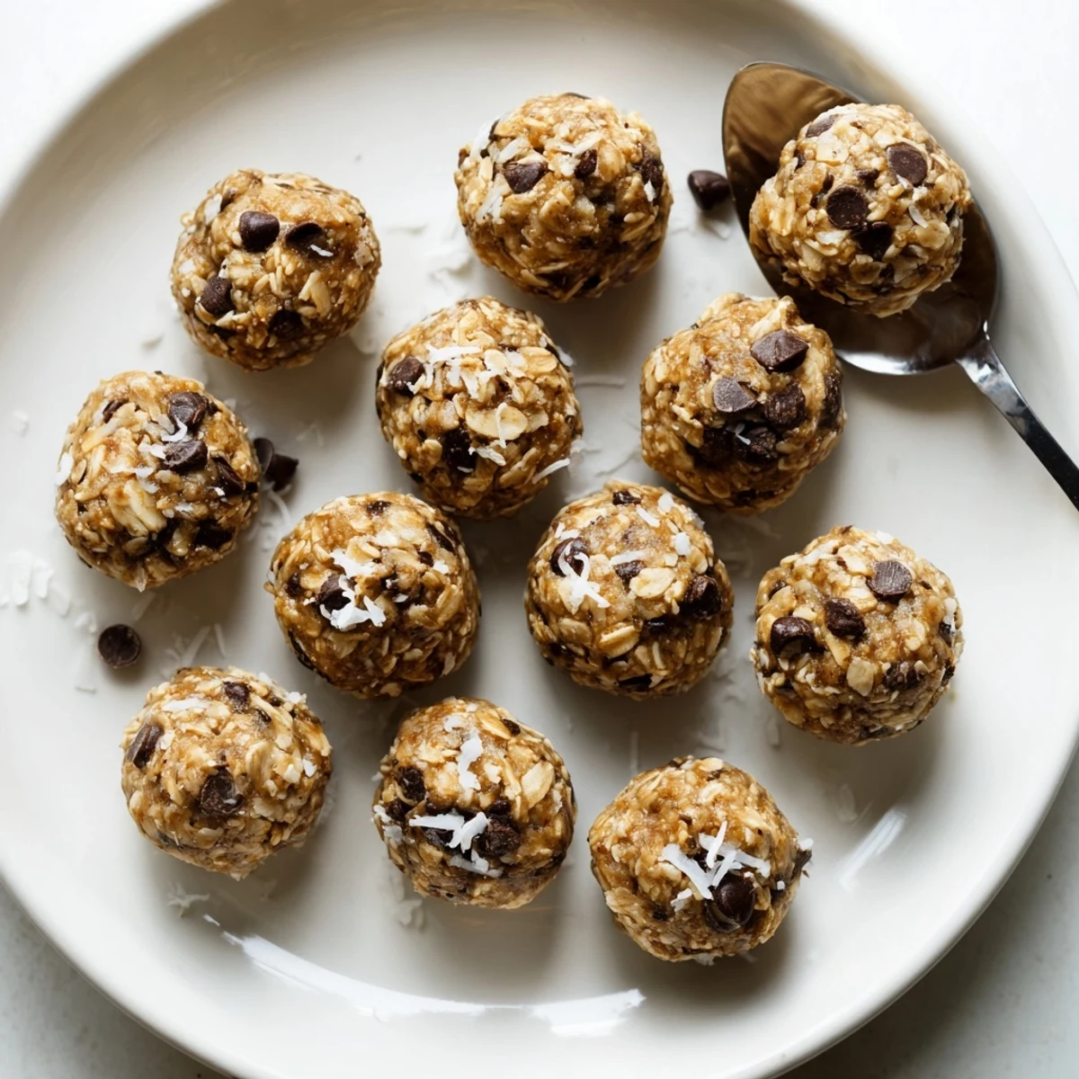 Peanut butter and chocolate chip energy bites arranged on a white plate, showcasing chewy oats and rich chocolate chips for a quick healthy snack.
