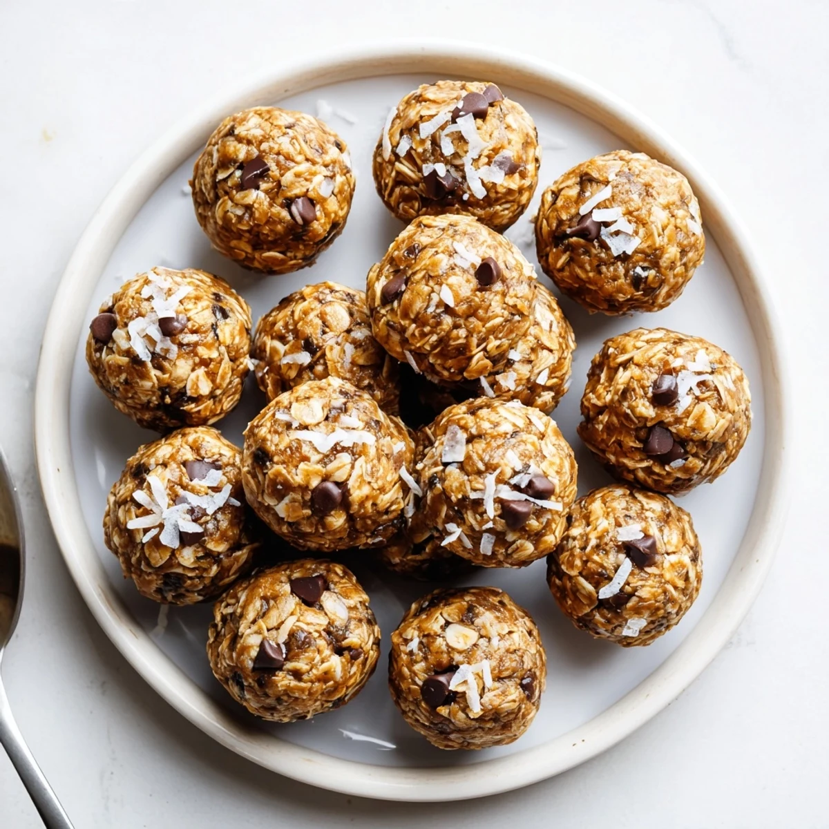 No bake chocolate chip energy bites in a clear glass jar, showing their round shape and textured surface, perfect for grab-and-go energy.