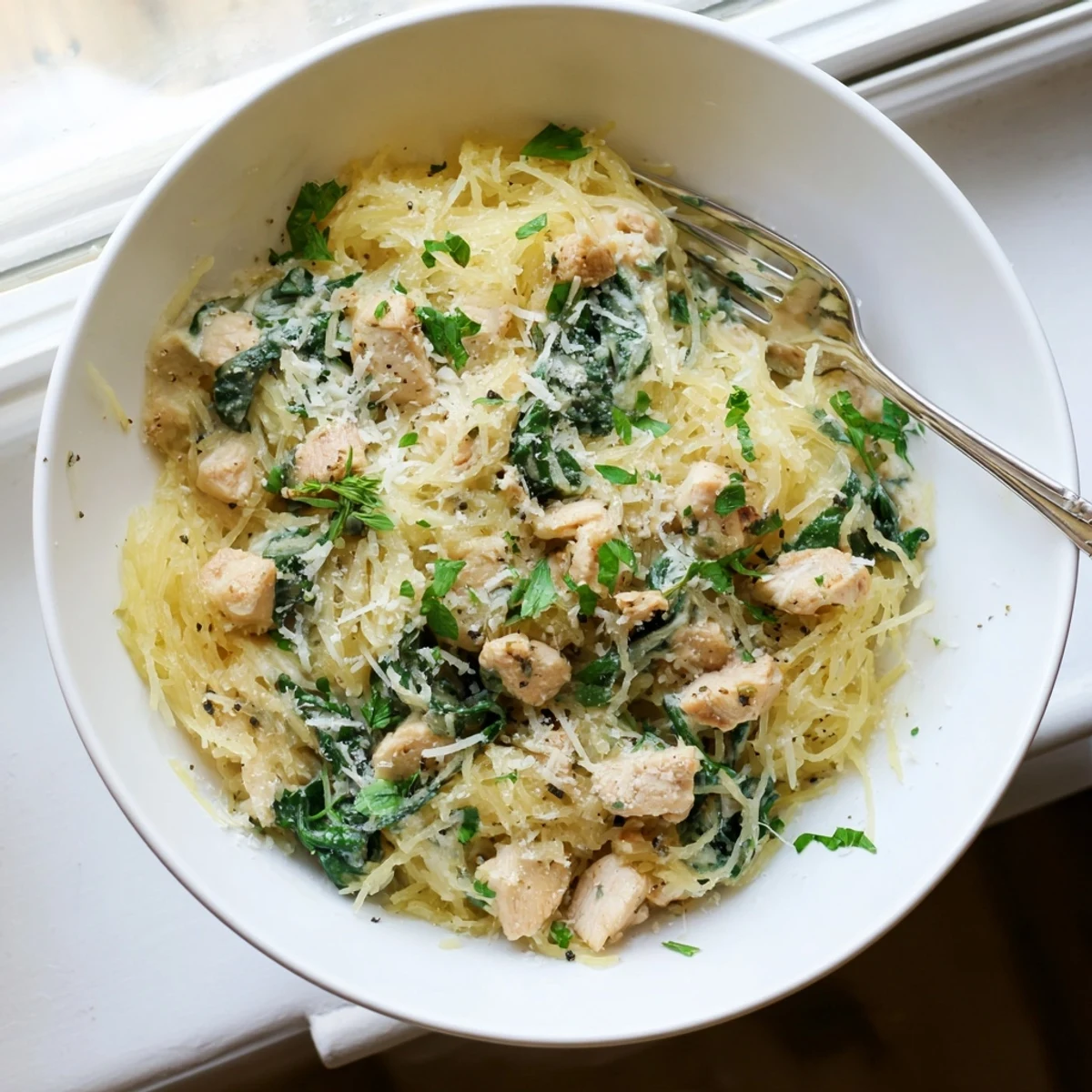 Golden roasted spaghetti squash strands glisten as they mingle with creamy Parmesan sauce, tender diced chicken, and vibrant wilted spinach in this Chicken and Spinach Spaghetti Squash Alfredo.  