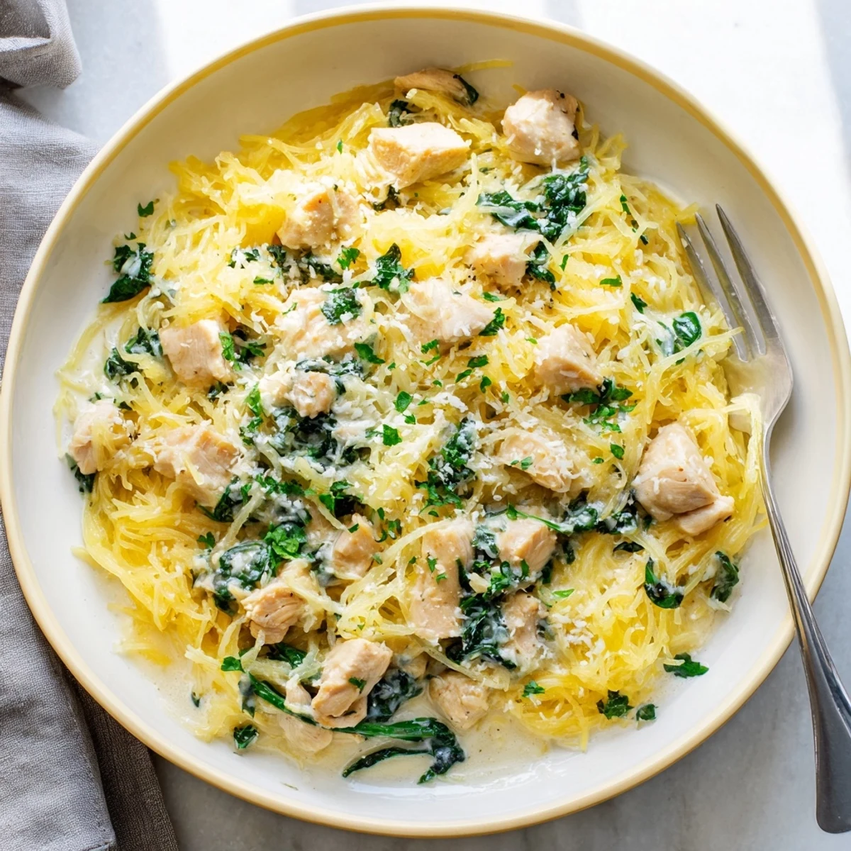 A close-up photo shows the low-carb Chicken and Spinach Spaghetti Squash Alfredo served in a rustic white bowl with fresh parsley garnish.  