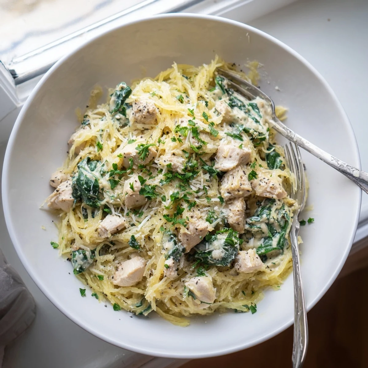 Steam rises from a forkful of Chicken and Spinach Spaghetti Squash Alfredo featuring savory chicken pieces, bright green spinach, and rich garlicky sauce.