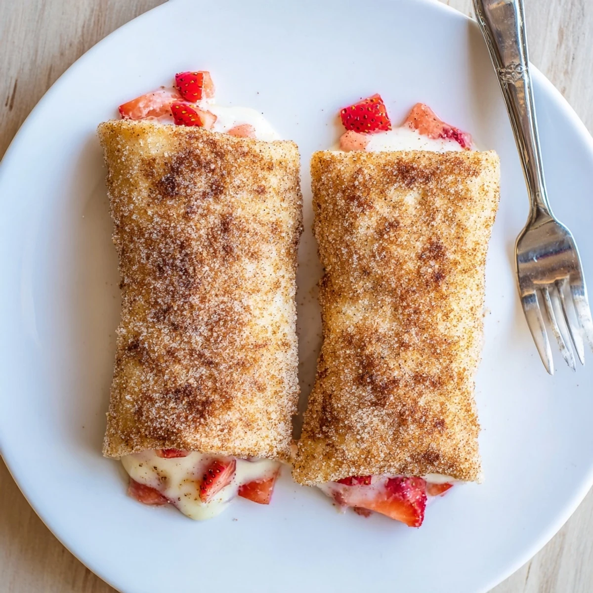 Warm, golden-fried Cheesecake Dessert Chimichangas glisten with cinnamon sugar, served with fresh berries.