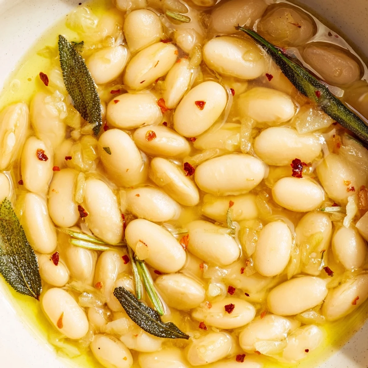 Warm Tuscan White Beans simmered with garlic and sage, ready to be served as a comforting vegetarian side dish.