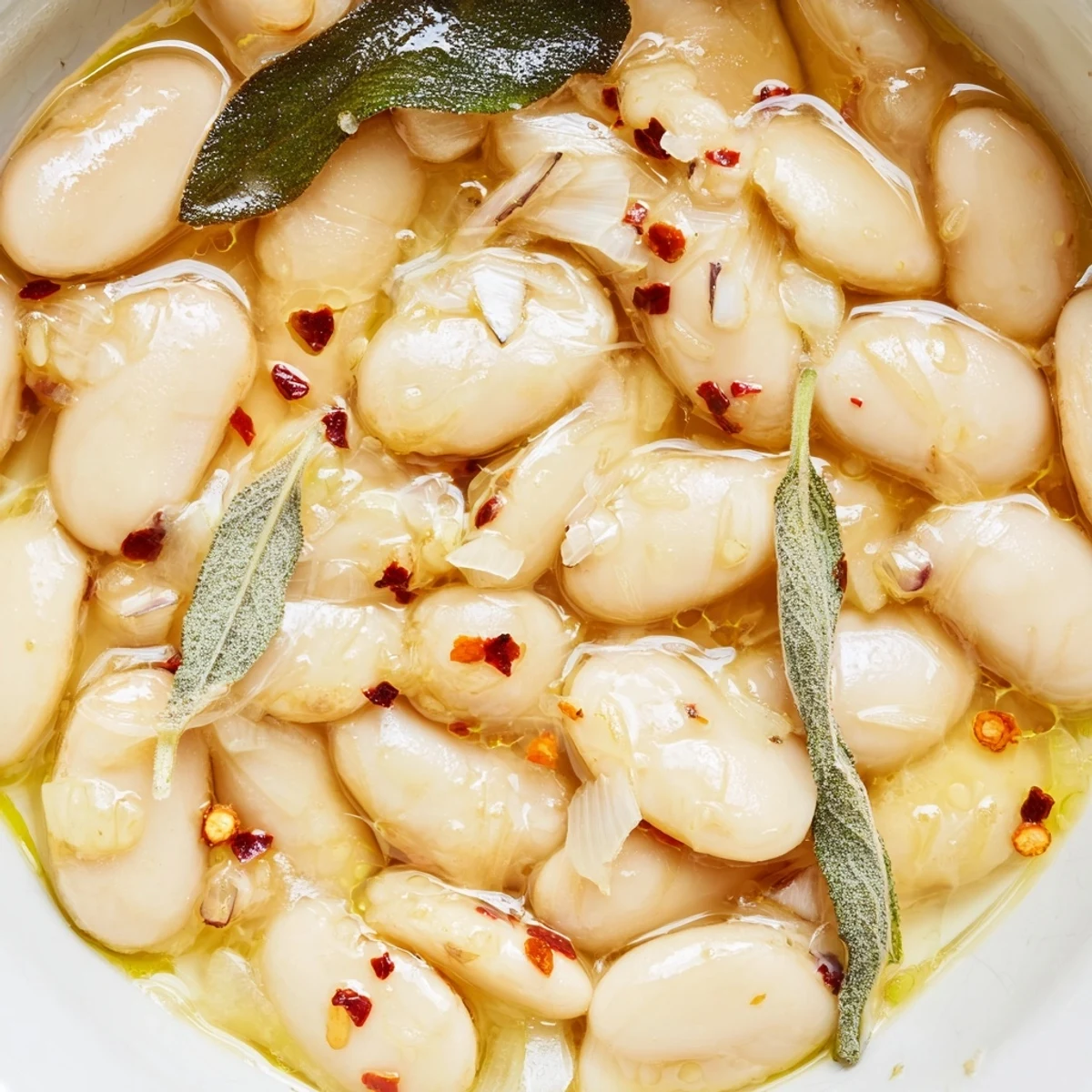 A hearty serving of Tuscan White Beans alongside toasted bread and sautéed greens on a sunlit kitchen table.