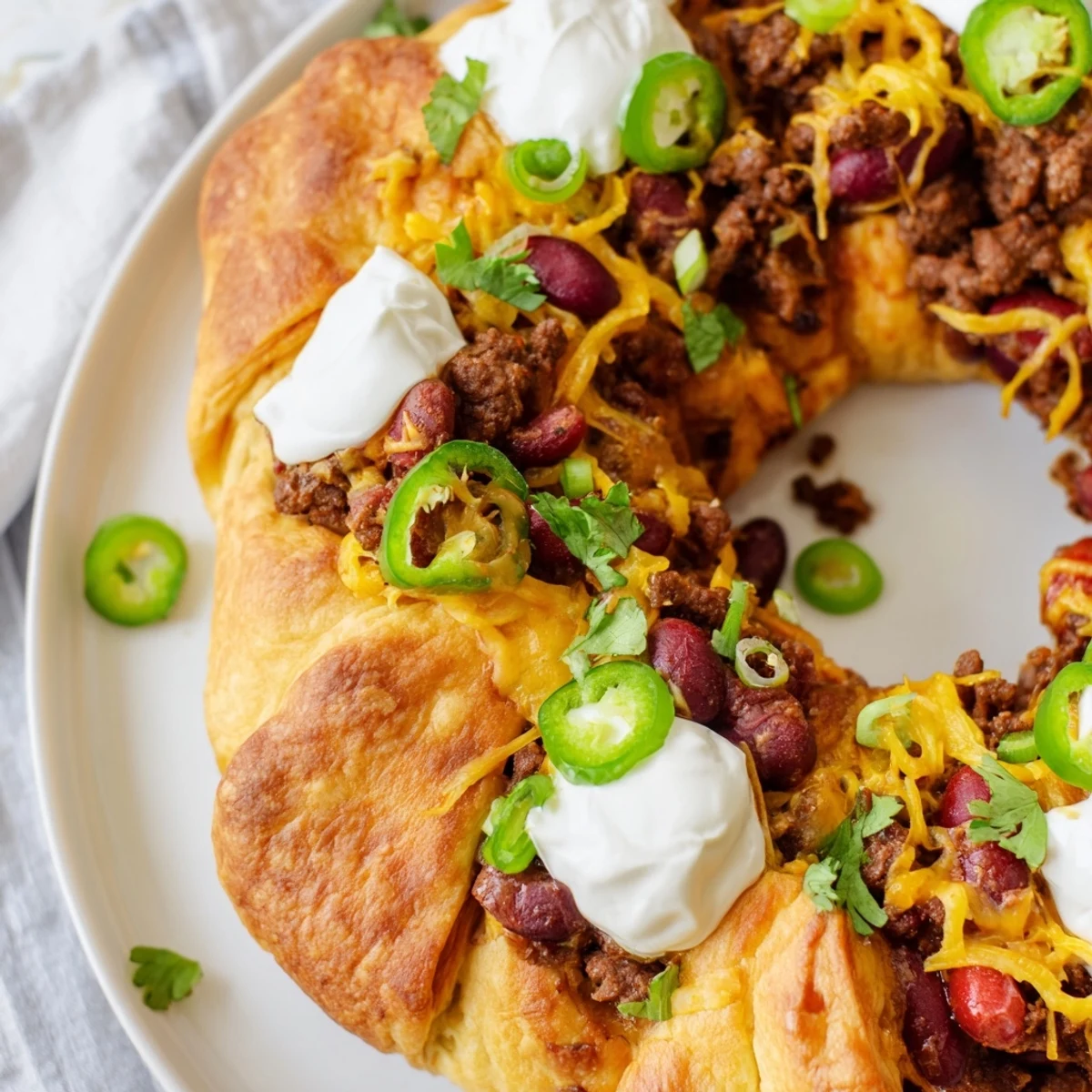 Golden baked Beef Chili Taco Crescent Roll Ring with melted cheddar cheese, sour cream, and fresh cilantro garnish on a platter.