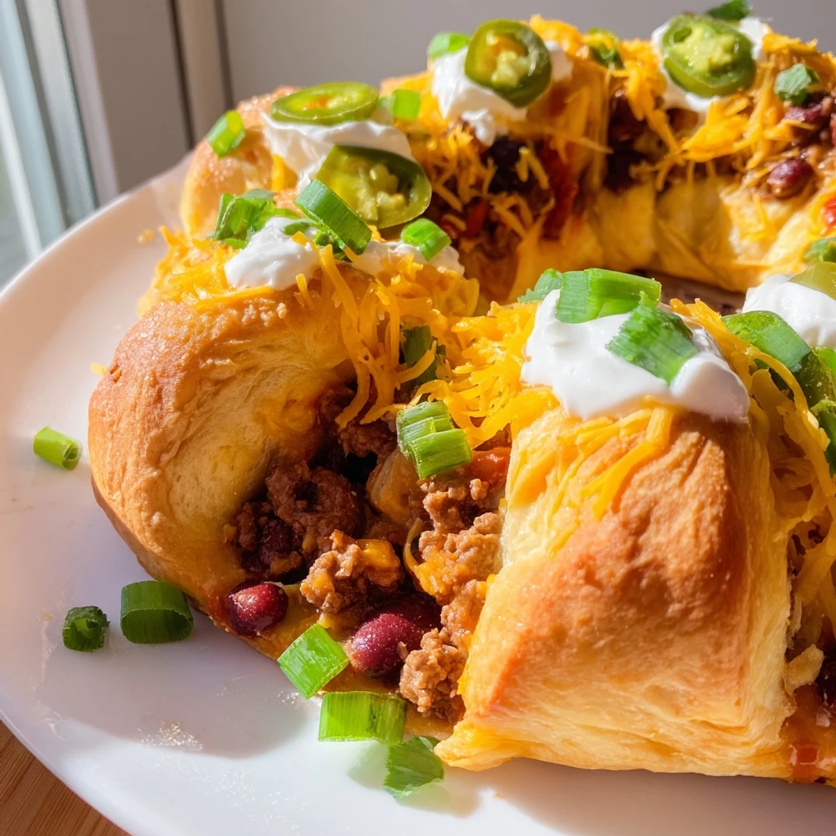 A warm Beef Chili Taco Crescent Roll Ring sliced to show savory beef, beans, and melted cheese wrapped in golden crescent dough.