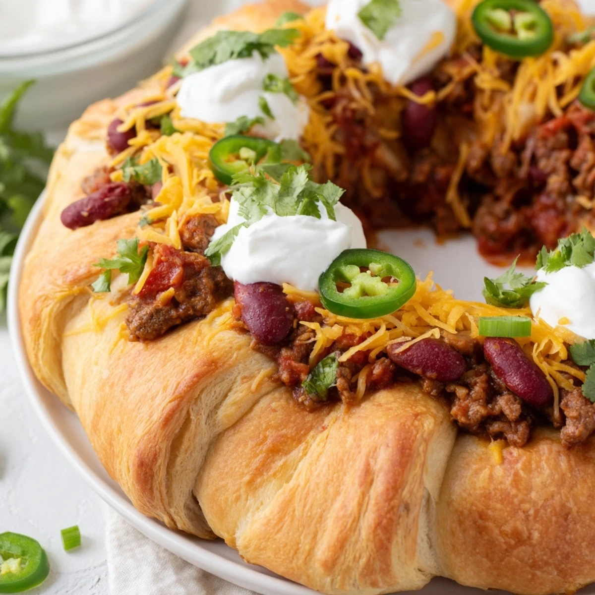 Close-up of a Beef Chili Taco Crescent Roll Ring garnished with jalapeños and green onions, ready to serve for game day.