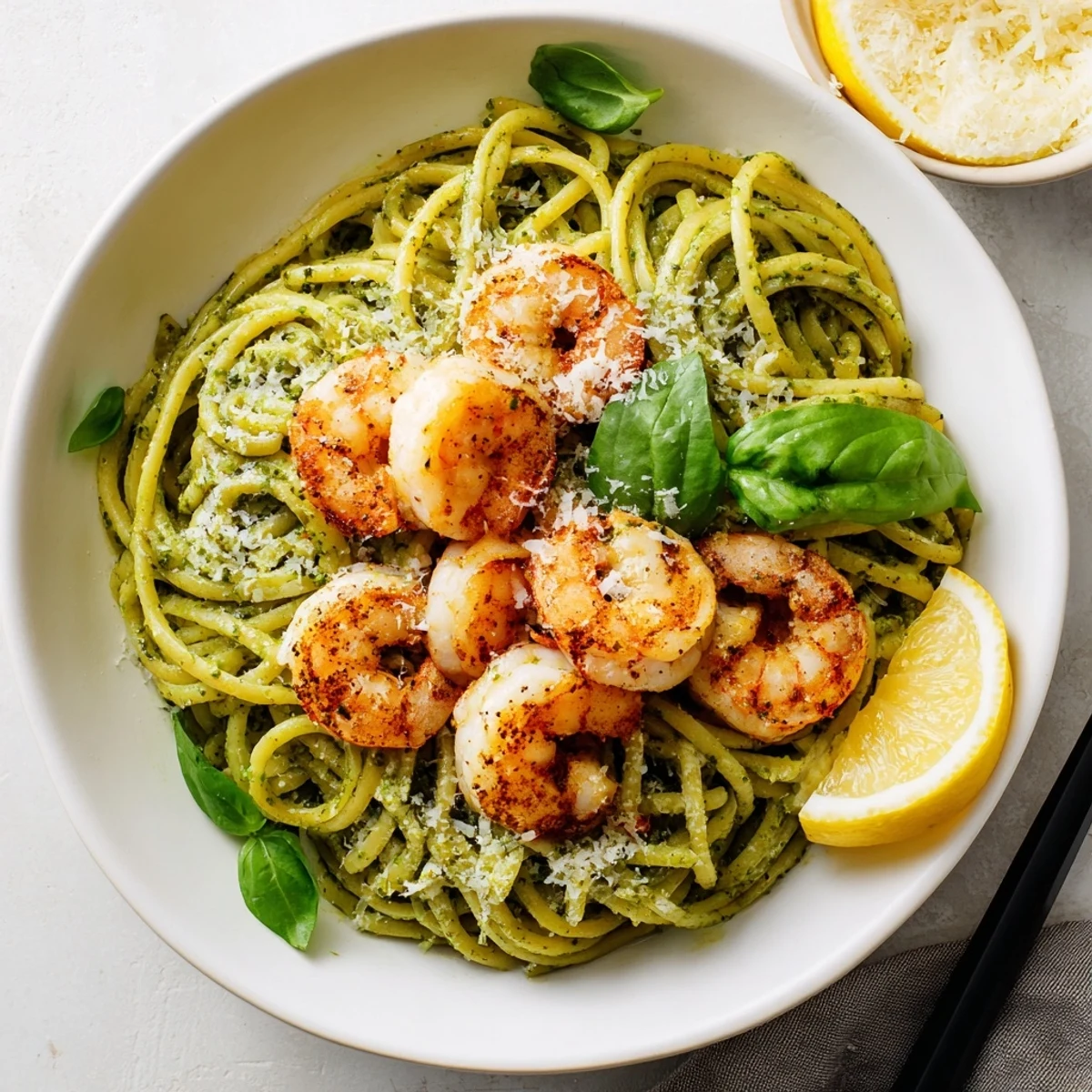 Freshly grilled shrimp rest atop vibrant pesto pasta, drizzled with olive oil and garnished with basil and Parmesan in this elegant Pesto Pasta and Grilled Shrimp Stack.