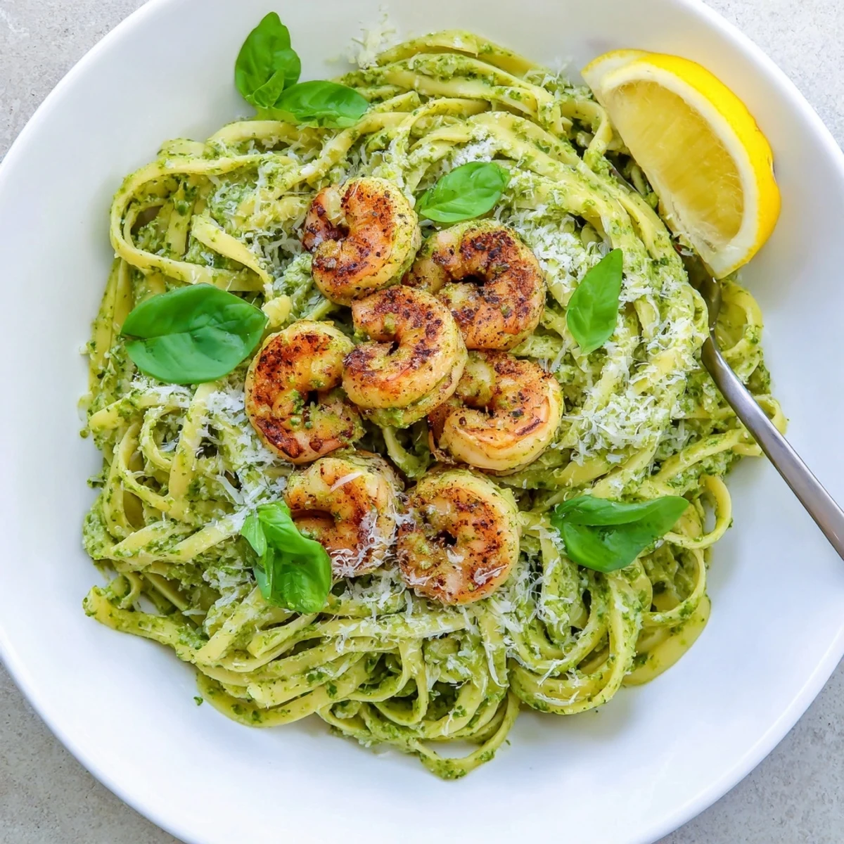 Perfectly charred shrimp are stacked on a bed of basil pesto linguine, finished with lemon zest and a cheese sprinkle for a restaurant-worthy Pesto Pasta and Grilled Shrimp Stack.