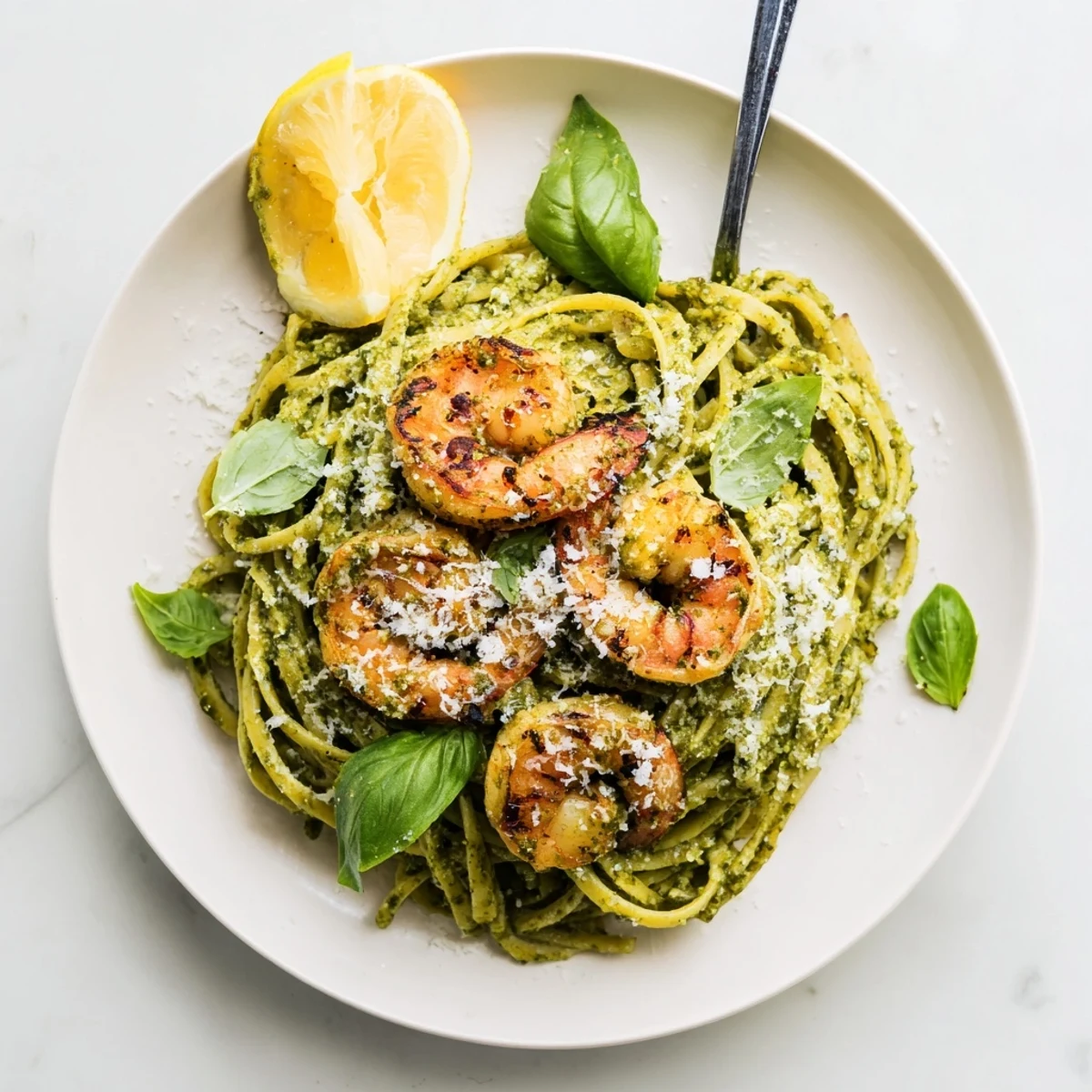 Serve this rustic Italian-inspired Pesto Pasta and Grilled Shrimp Stack featuring succulent shrimp, garlicky pesto sauce, and a bright lemon wedge alongside a glass of crisp white wine.