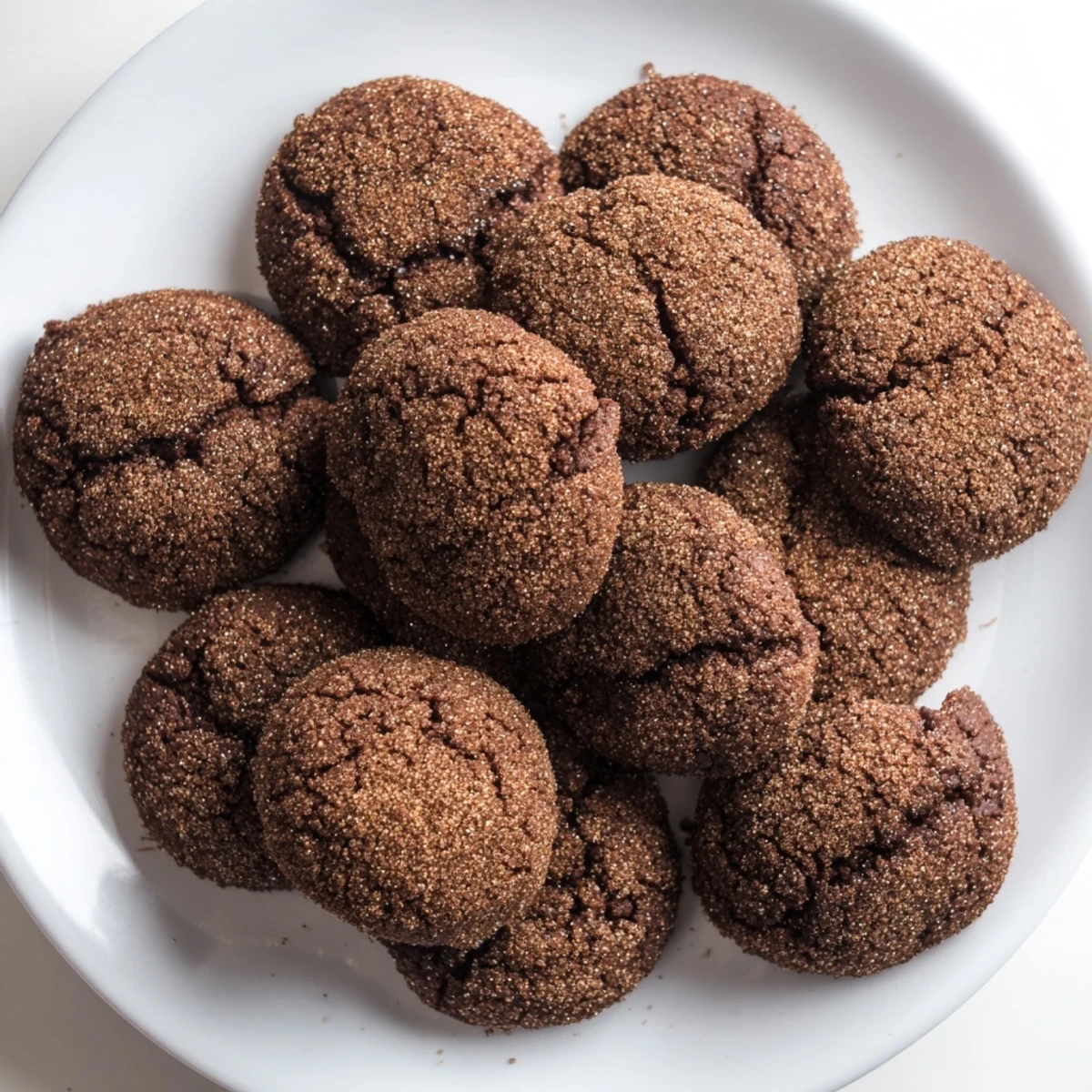 A close-up of Chocolate Snickerdoodles shows cracked tops and a soft texture next to a glass of milk.