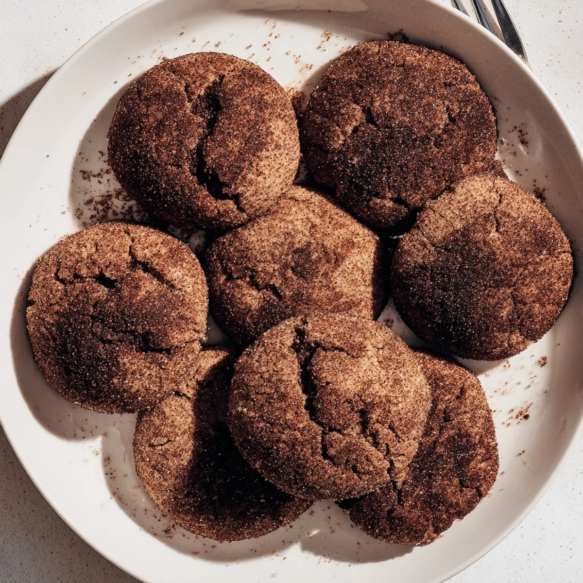 Warm Chocolate Snickerdoodles are piled on a plate, ready for serving with afternoon coffee.