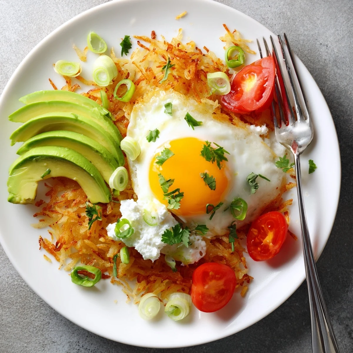 Golden crispy hash browns topped with a sunny-side-up egg, creamy avocado slices, and a dollop of tangy cottage cheese.