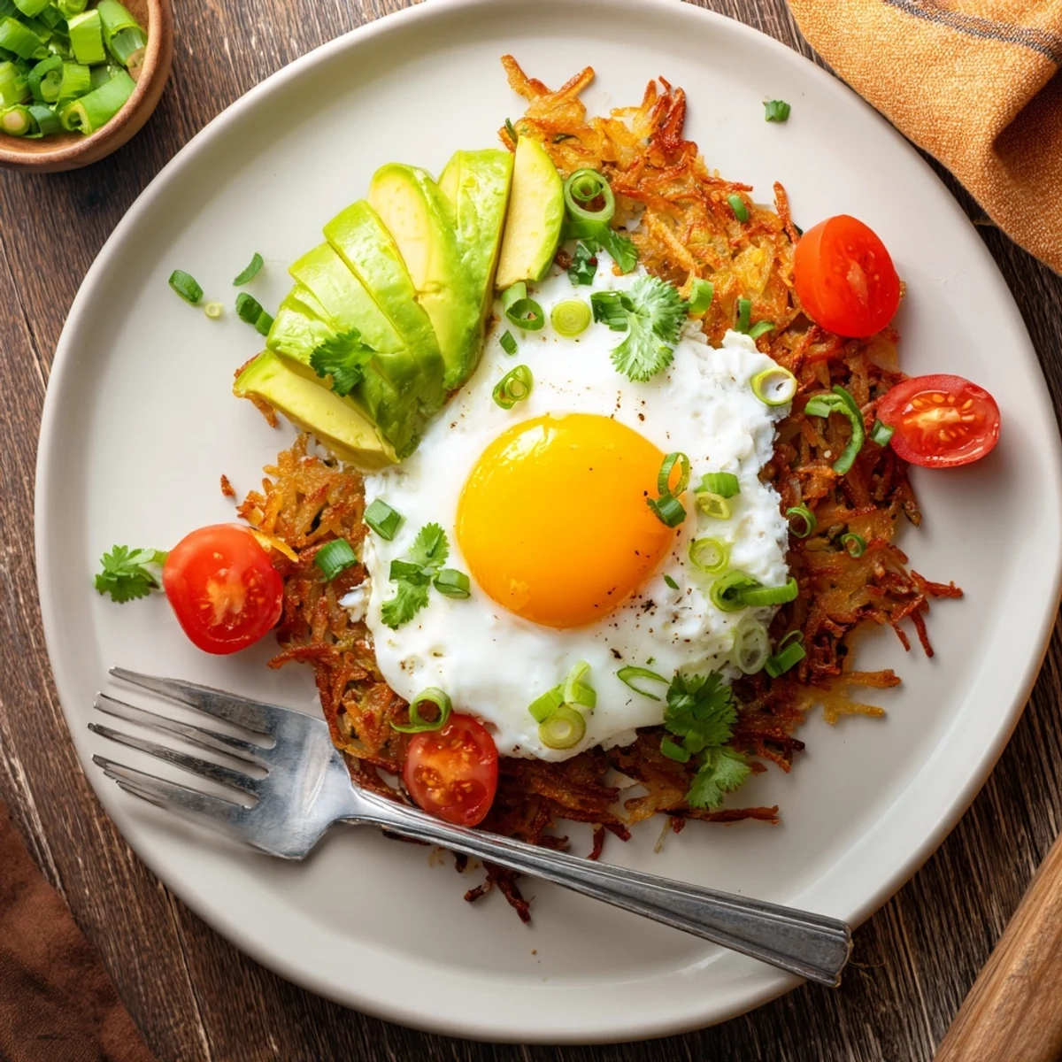 A hearty plate of Loaded Hash Browns with Eggs, Avocado & Cottage Cheese garnished with fresh green onions and ripe avocado.