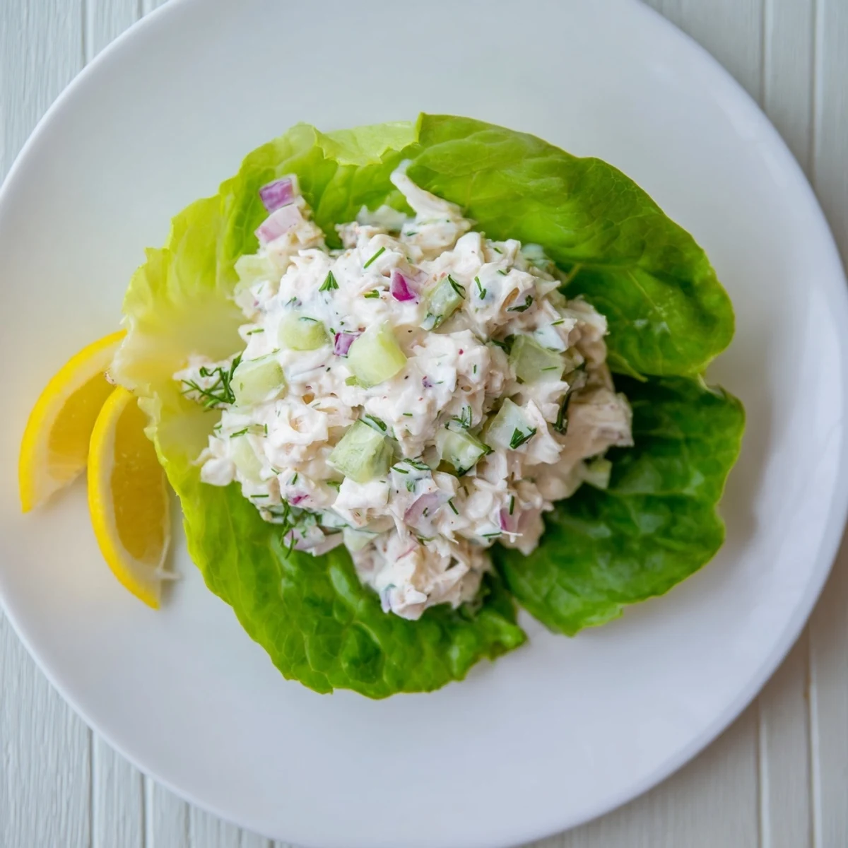 A close-up of creamy crab salad with crisp celery and cucumber, served on fresh butter lettuce leaves.