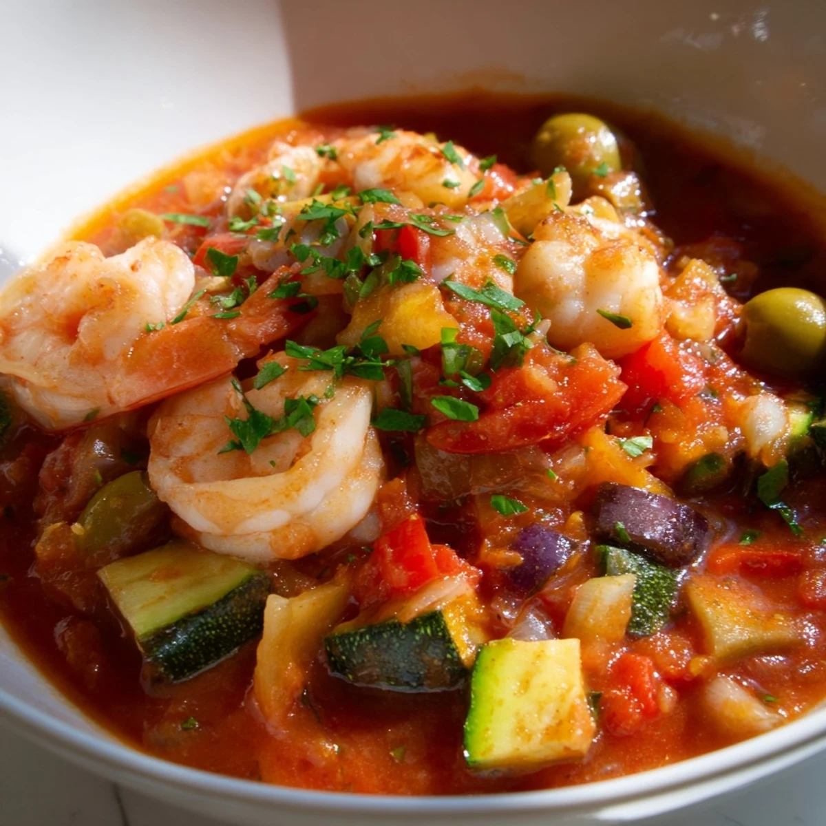 A close-up of Mediterranean Seafood Shrimp Chili With Olives, featuring plump pink shrimp and tender white fish in a rich tomato broth studded with green olives. Garnished with fresh parsley and served in a rustic bowl.