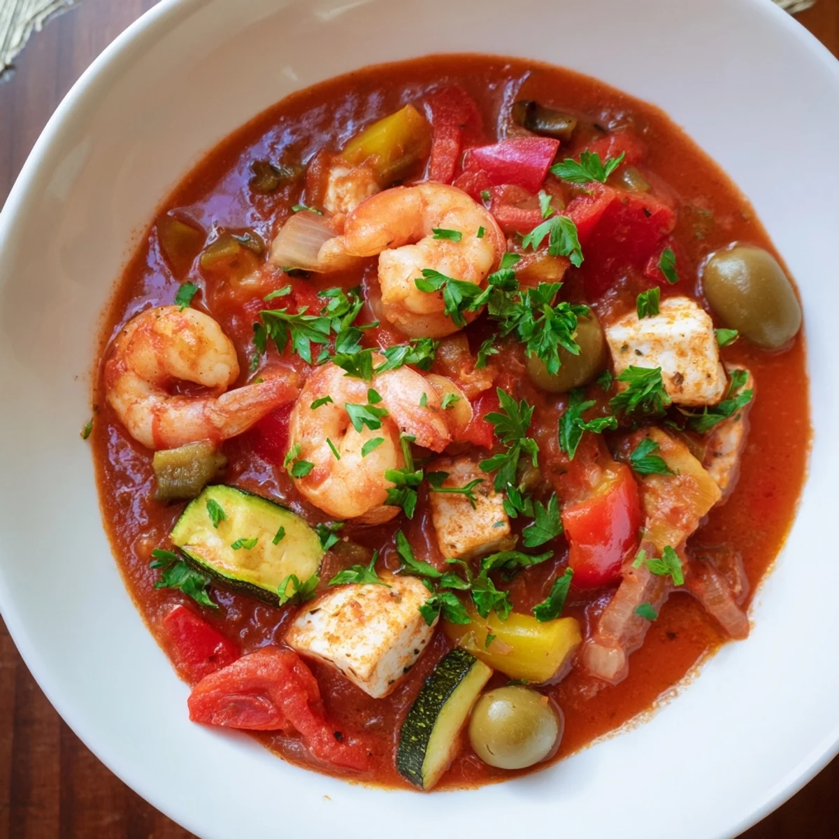 Steam rises from a warm bowl of Mediterranean Seafood Shrimp Chili With Olives, revealing diced zucchini, red bell pepper, and briny olives nestled among succulent seafood pieces, ready to be enjoyed.