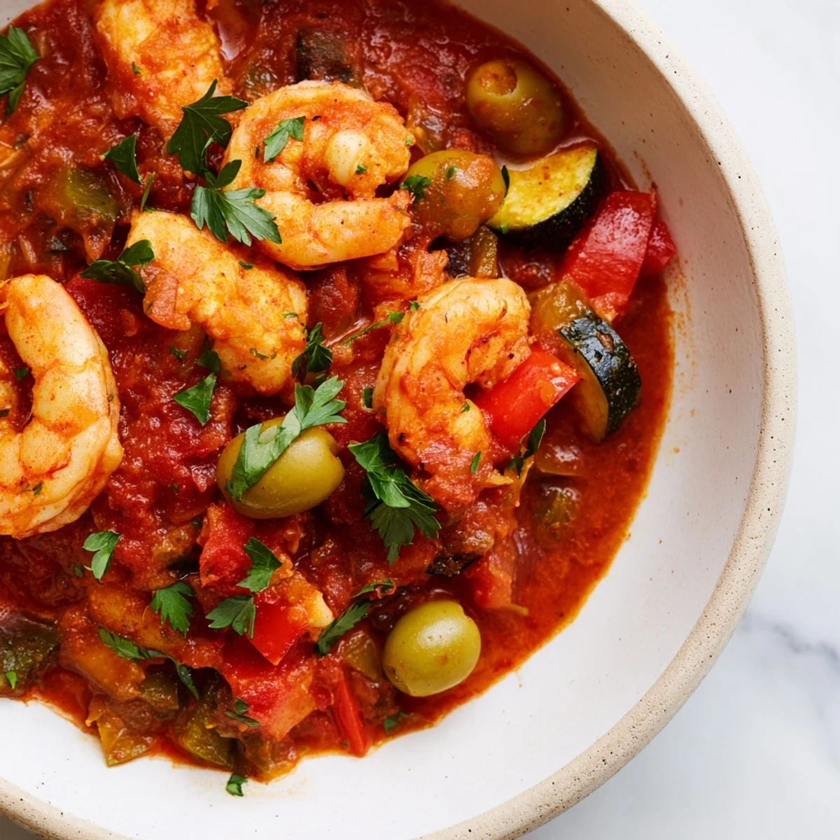 Overhead view of Mediterranean Seafood Shrimp Chili With Olives served in a white dish, showcasing vibrant colors of shrimp, fish, olives, and a garnish of fresh parsley with lemon wedges.