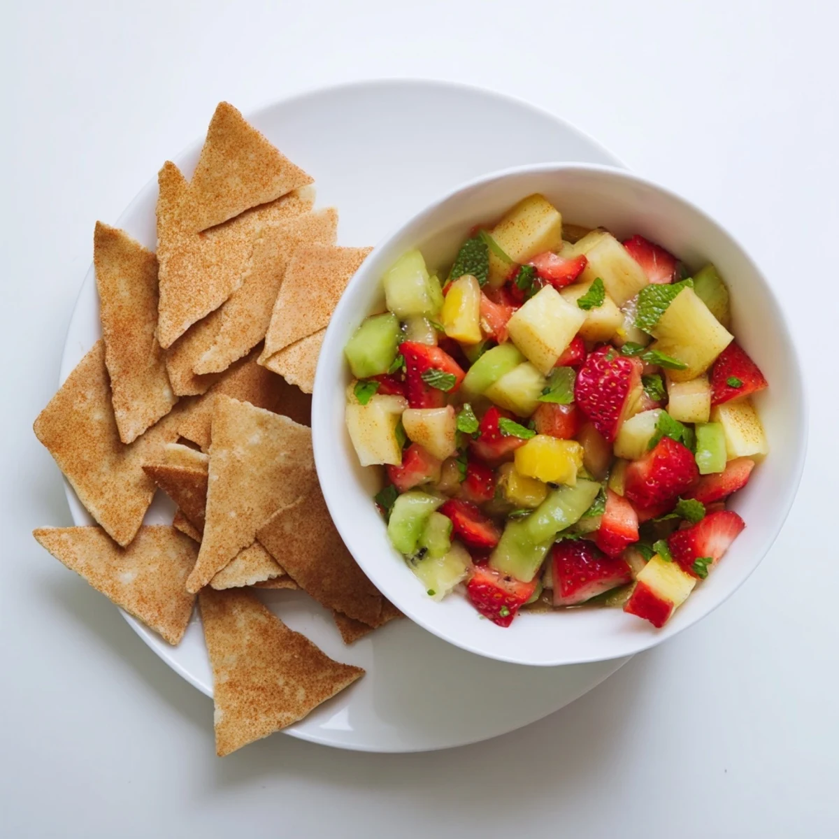 A close-up of the Fruit Salsa With Cinnamon Sugar Tortilla Chips showing colorful diced fruit on a crisp chip.