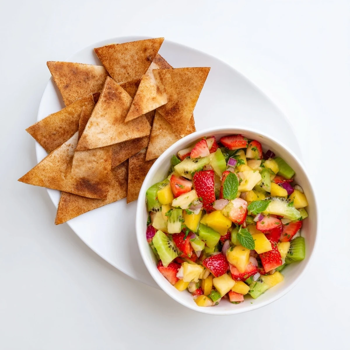 A bowl of Fruit Salsa With Cinnamon Sugar Tortilla Chips garnished with fresh mint, served on a rustic table.