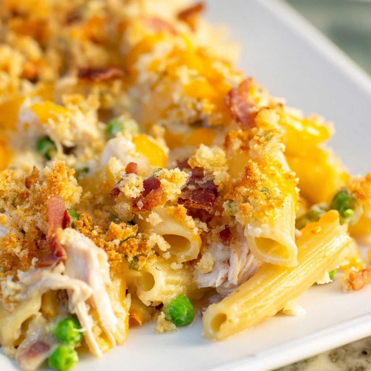 Serving suggestion of Crazy Good Casserole beside a fresh green salad on a family dinner table.