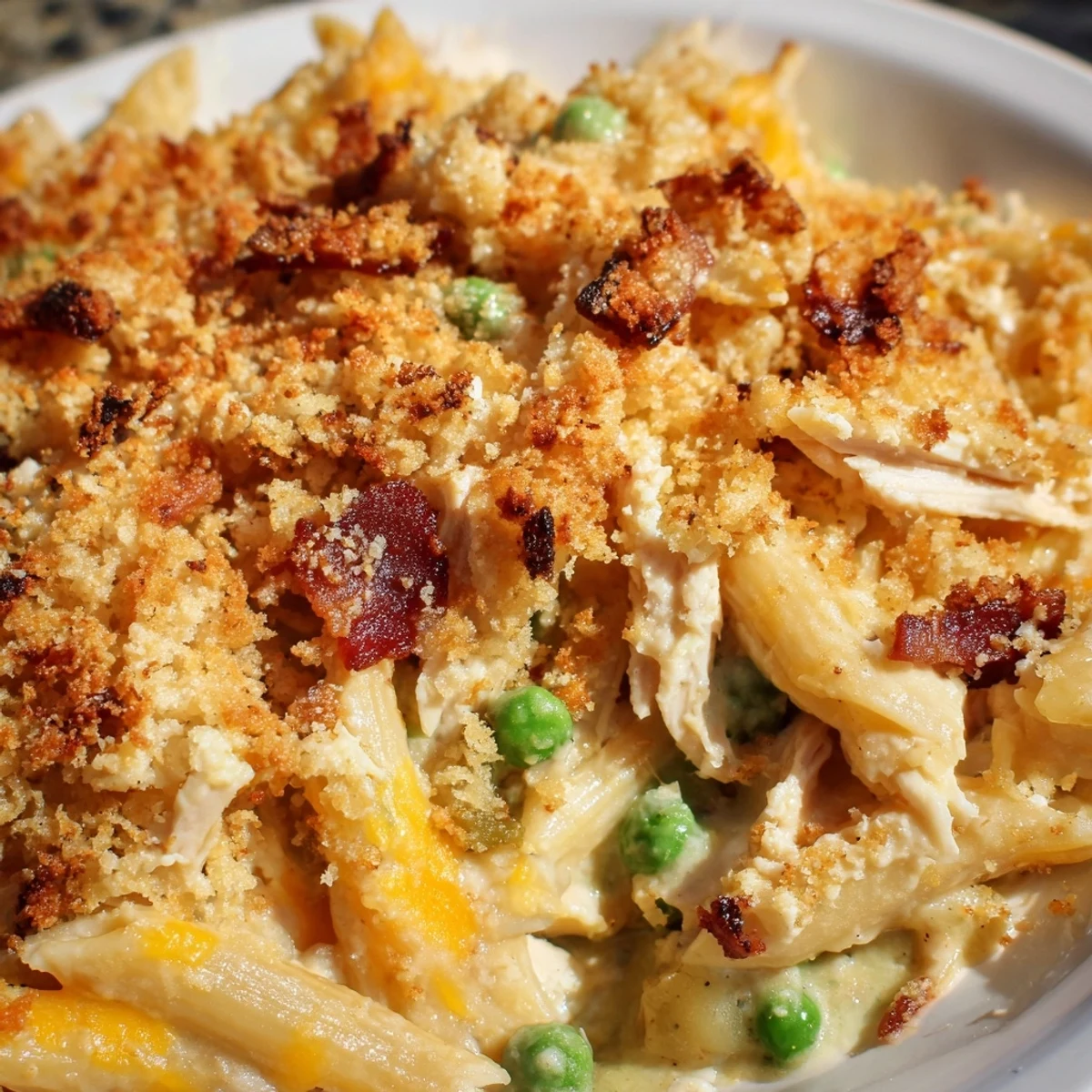 Comforting Crazy Good Casserole with creamy sauce, shredded chicken, bacon, and peas in a baking dish.