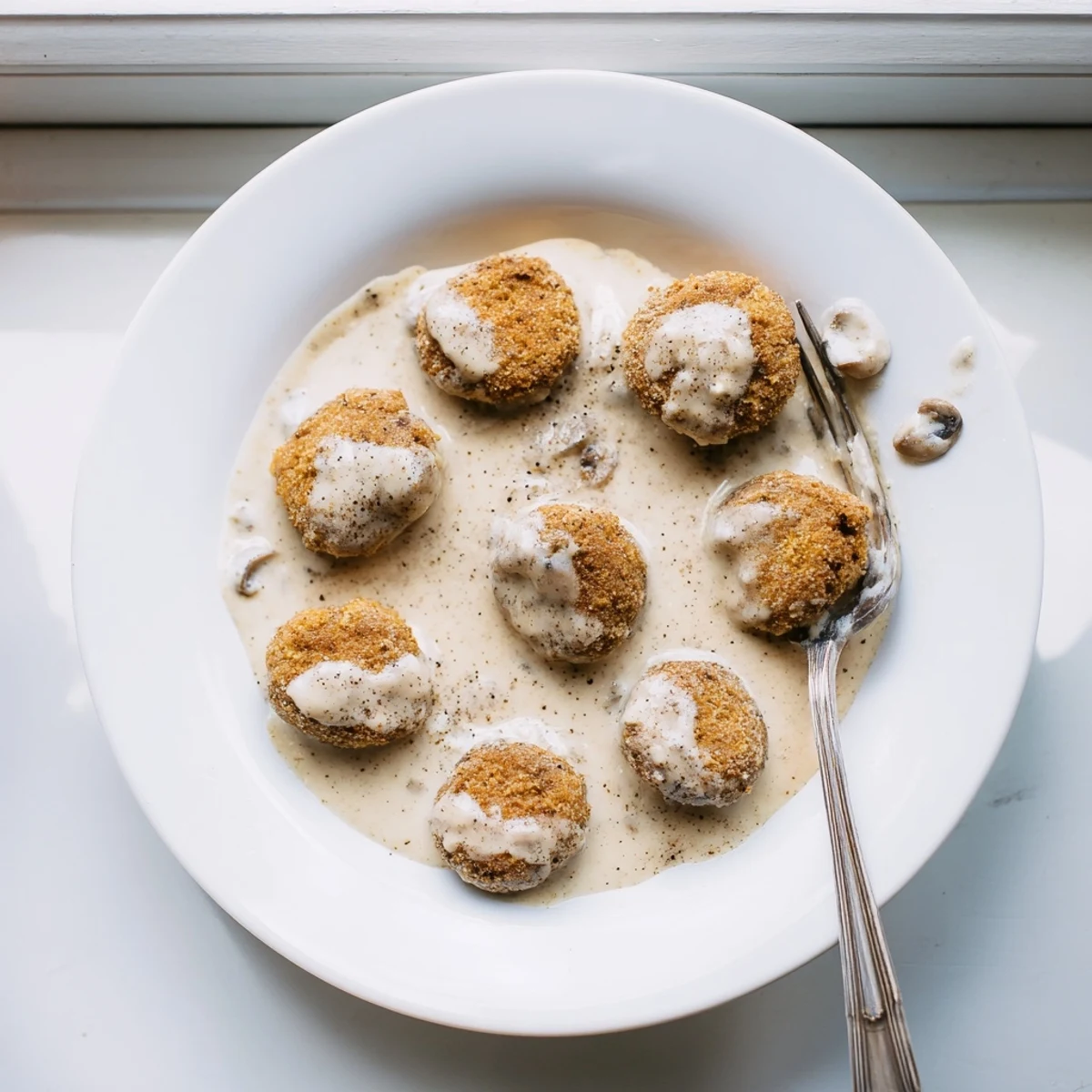 Golden-brown crispy Chicken Fried Mushrooms with Gravy drizzled over a bed of creamy mashed potatoes on a rustic plate.