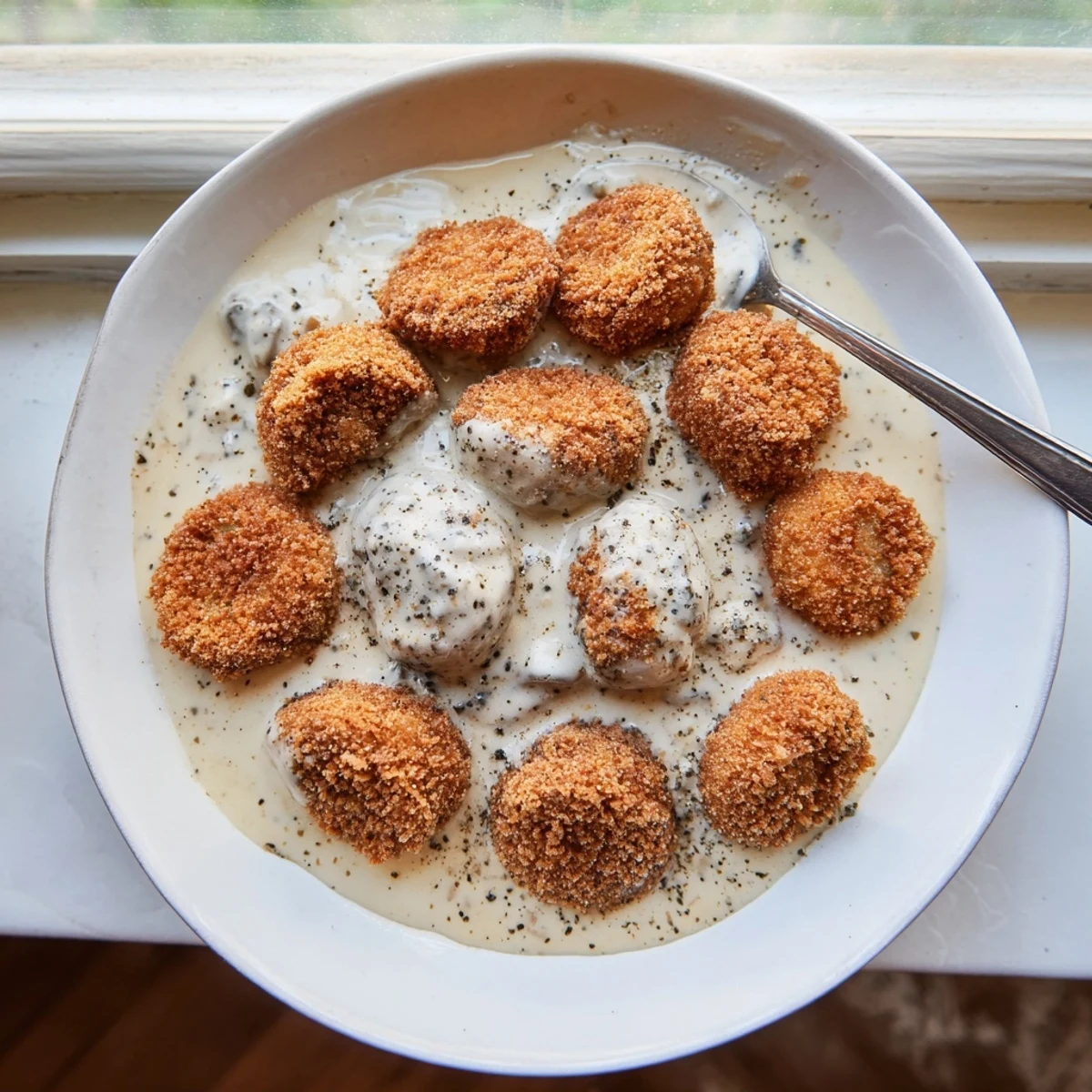 Homemade Chicken Fried Mushrooms with Gravy featuring golden battered mushrooms and a rich white pepper gravy in a skillet.