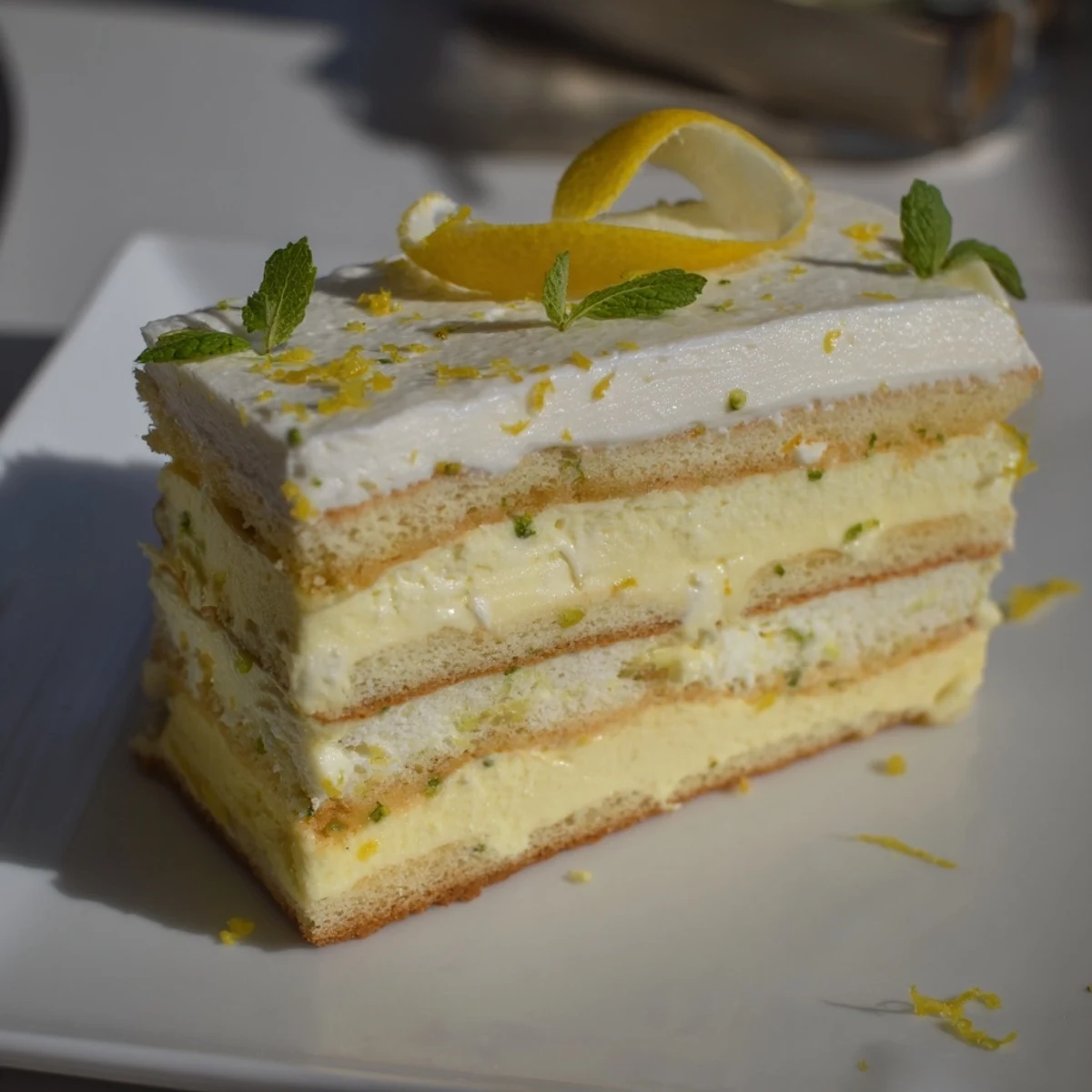 A beautiful slice of homemade Lemon Tiramisu dessert, topped with fresh lemon slices and a sprig of mint on a rustic plate.