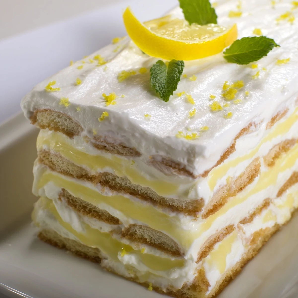 This chilled Lemon Tiramisu showcases zesty citrus flavors in a creamy, layered dessert served in a glass dish.