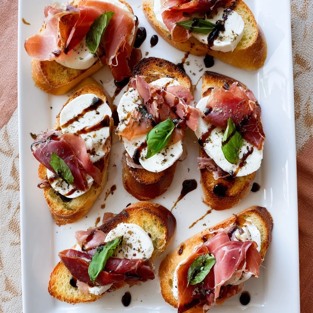 Golden toasted baguette slices topped with melted mozzarella and savory roast beef, finished with fresh basil and balsamic glaze for a Mozzarella Beef Prosciutto Crostini appetizer.