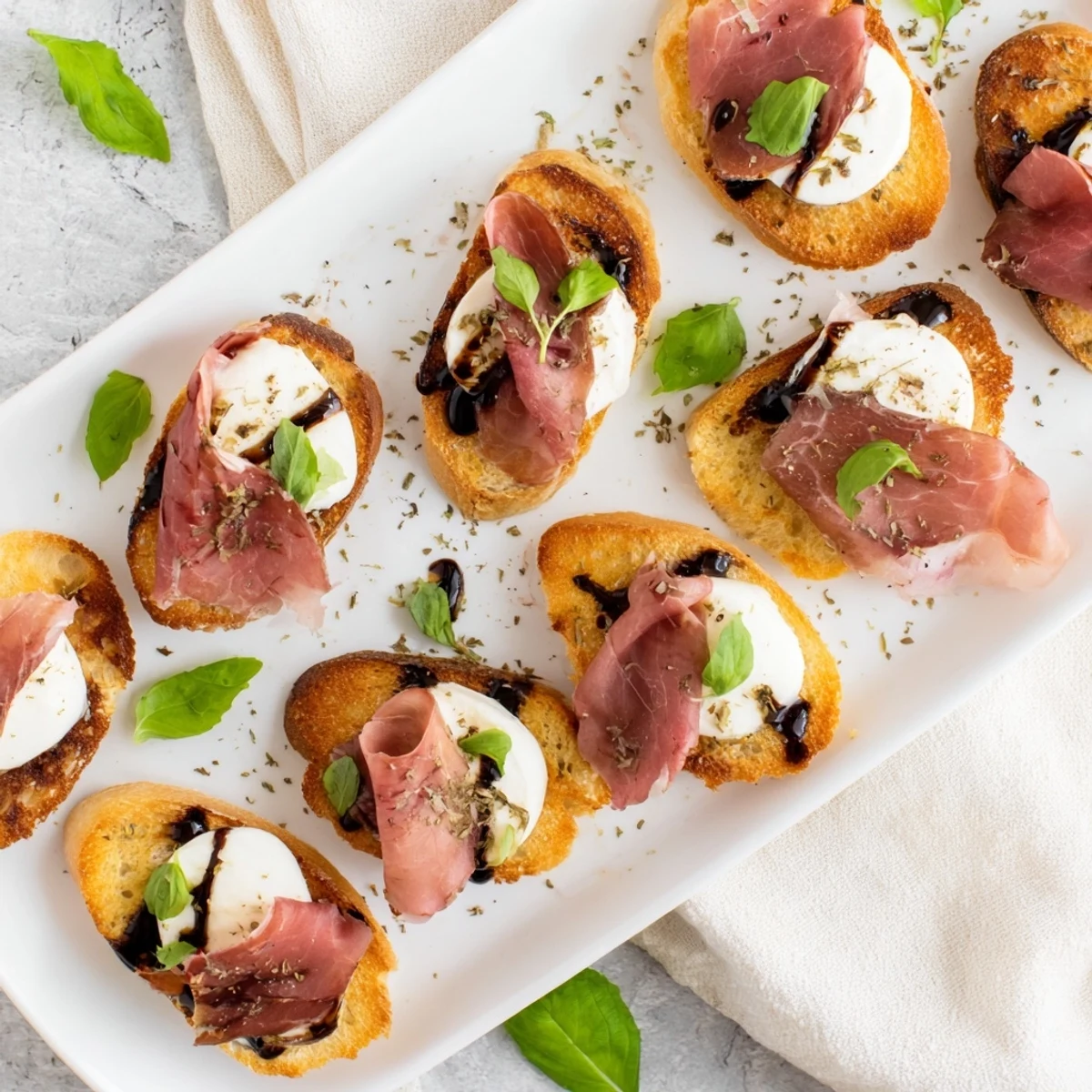 Freshly baked Mozzarella Beef Prosciutto Crostini arranged on a white platter, showcasing creamy mozzarella, tender beef, and vibrant basil leaves for an Italian-inspired snack.