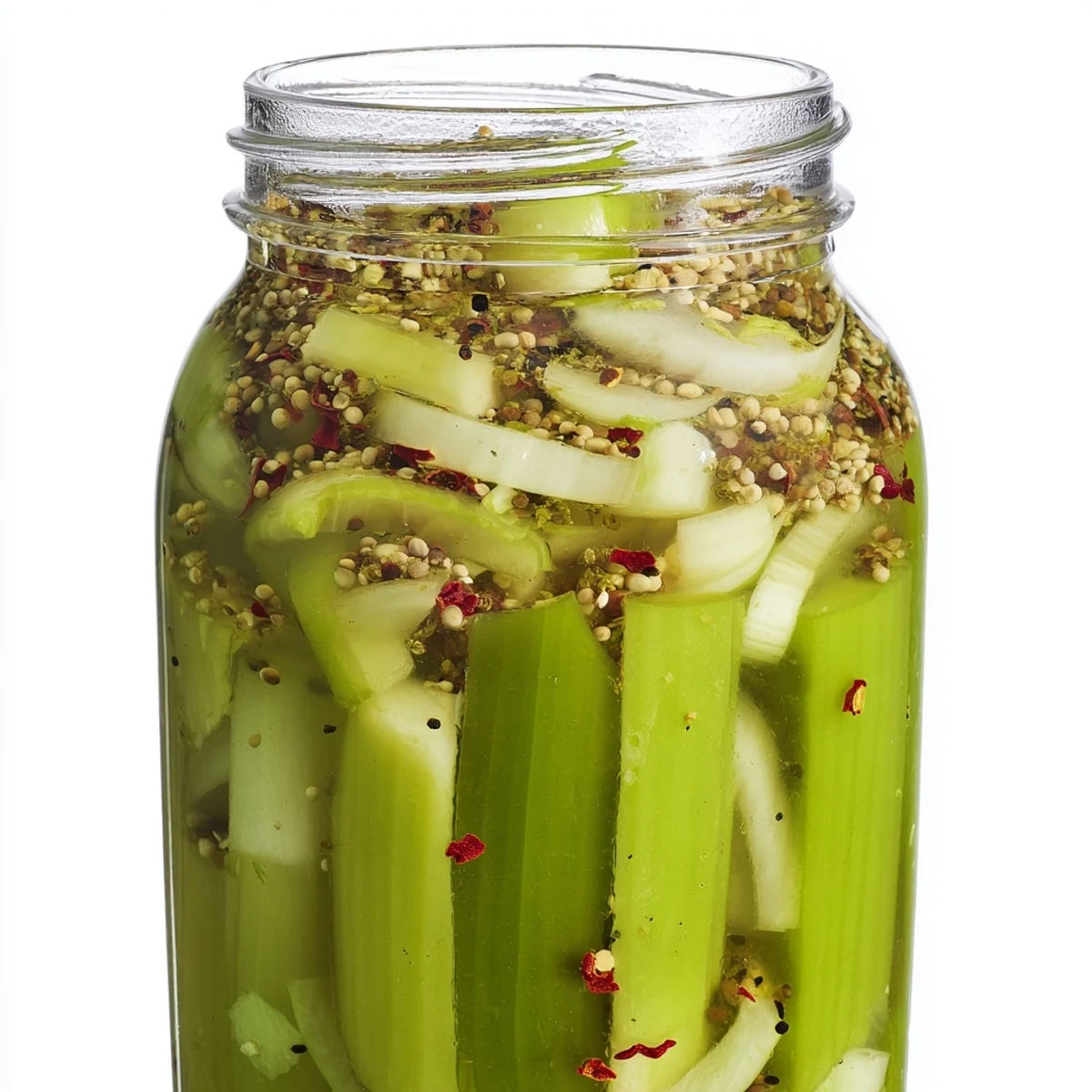 Crisp slices of Quick Pickled Celery in a jar, bright green and submerged in a tangy brine with mustard seeds, ready for snacking.