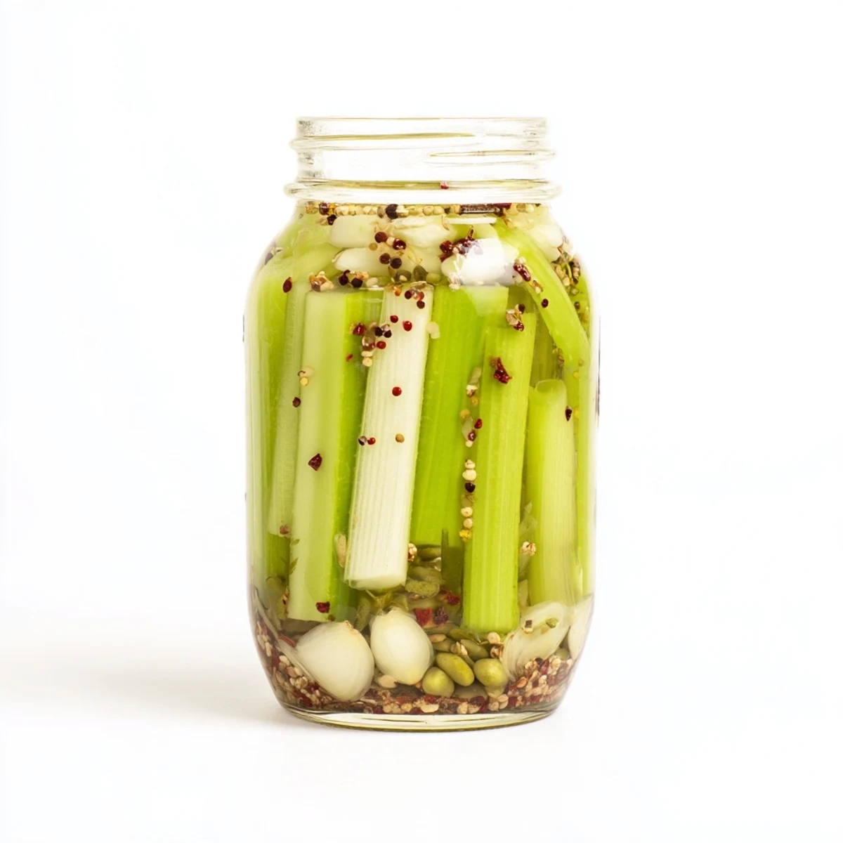 This Quick Pickled Celery condiment pairs well with sandwiches and salads, featuring crunchy stalks and red pepper flakes in a vinegar brine.